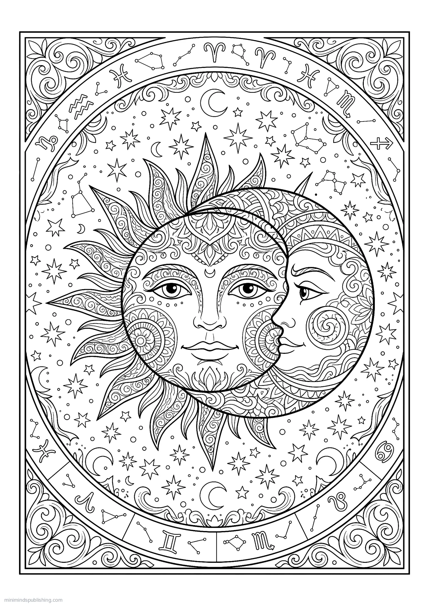 Sun Face and a Moon Face Side by Side โ free printable zodiac signs coloring page for adults