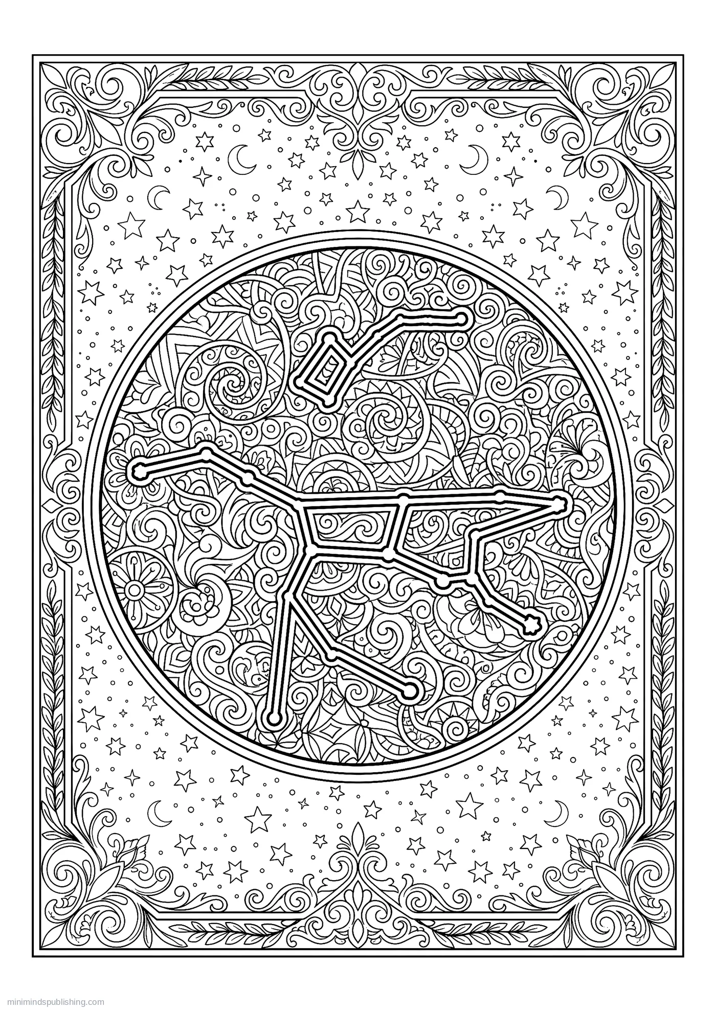 Circular Star Map of the Northern Constellations โ free printable zodiac signs coloring page for adults