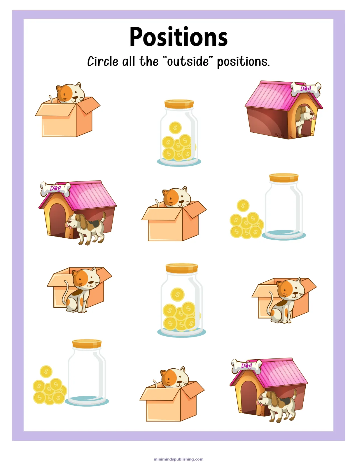 Positions 4 — free printable positions activity sheet for ages 3-6