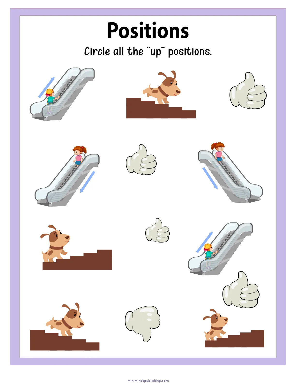 Positions 7 — free printable positions activity sheet for ages 3-6