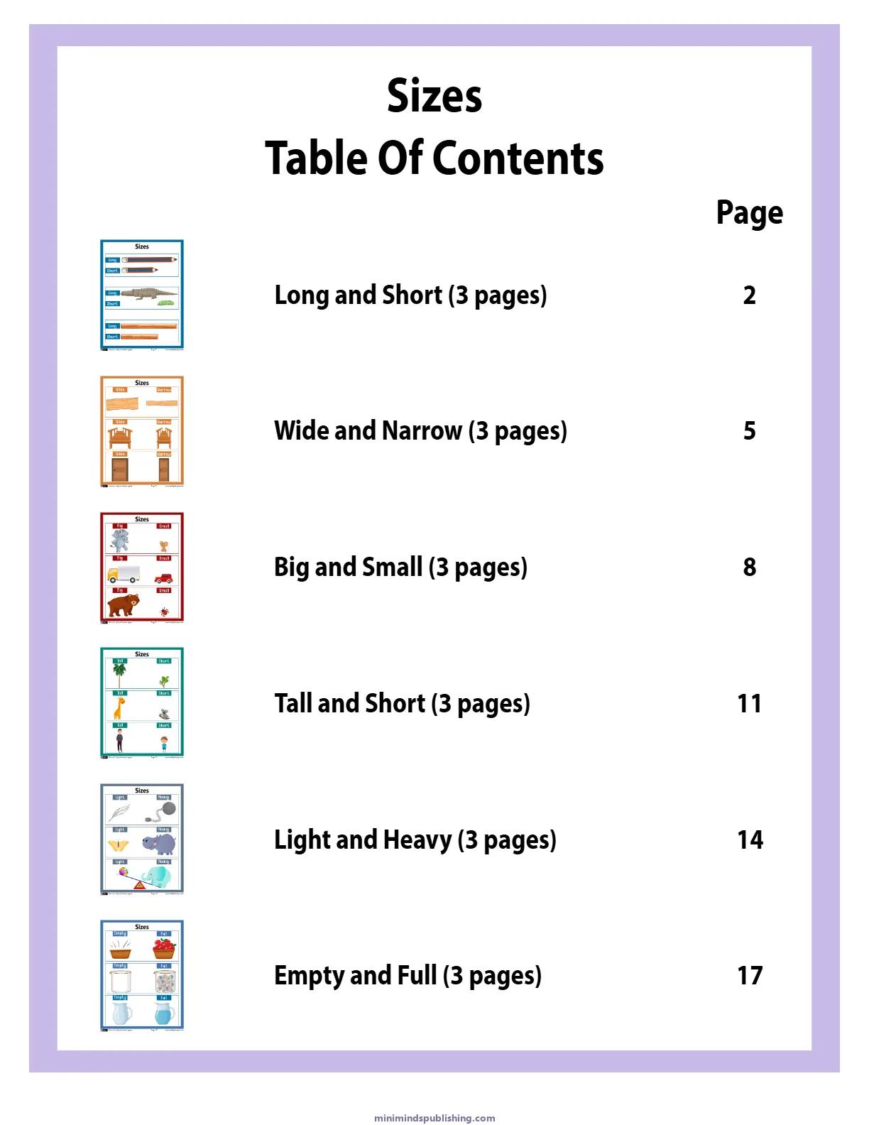 Sizes 1 — free printable sizes activity sheet for ages 3-6