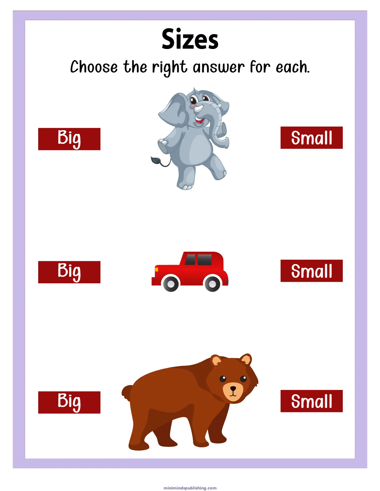 Sizes 9 — free printable sizes activity sheet for ages 3-6