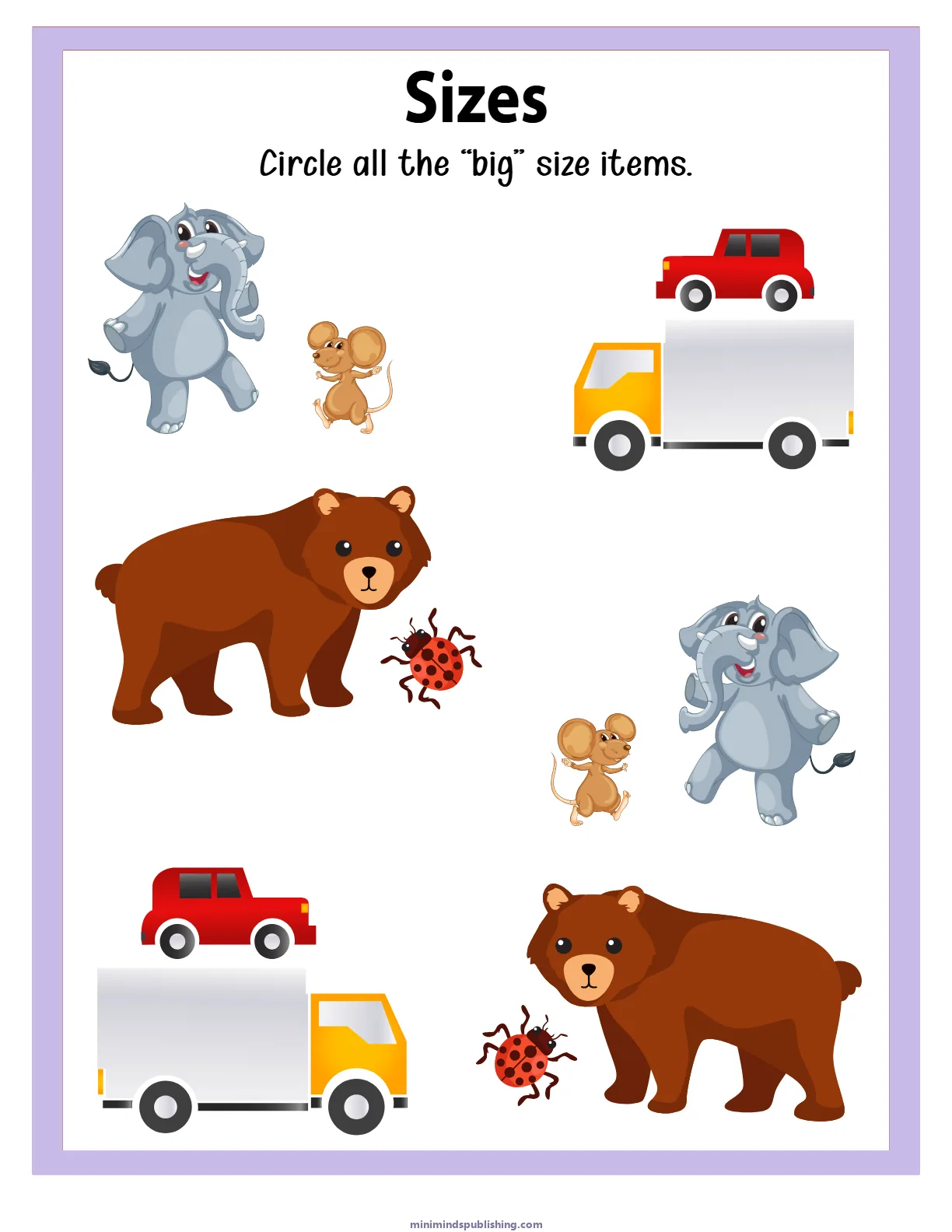 Sizes 10 — free printable sizes activity sheet for ages 3-6