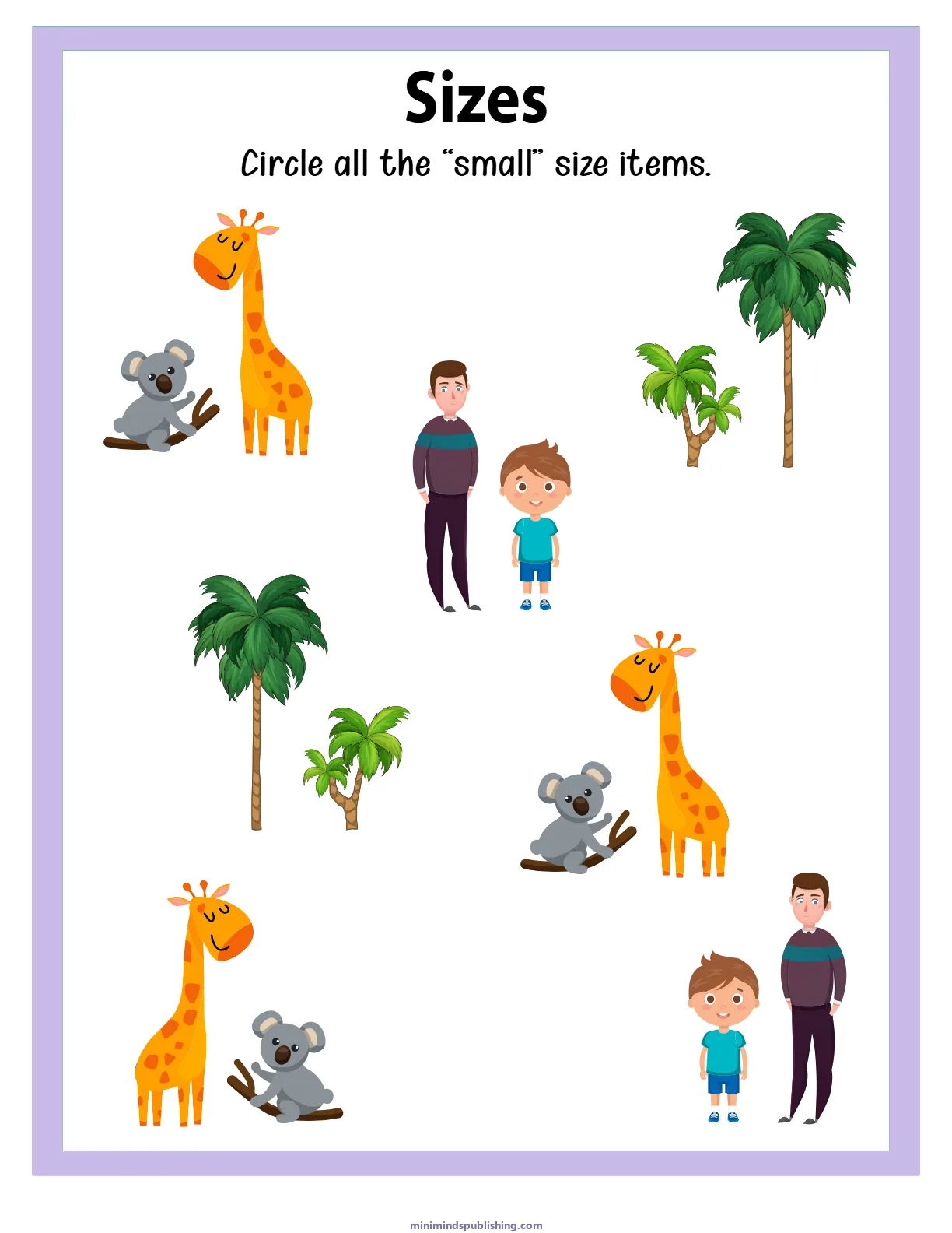 Sizes 13 — free printable sizes activity sheet for ages 3-6