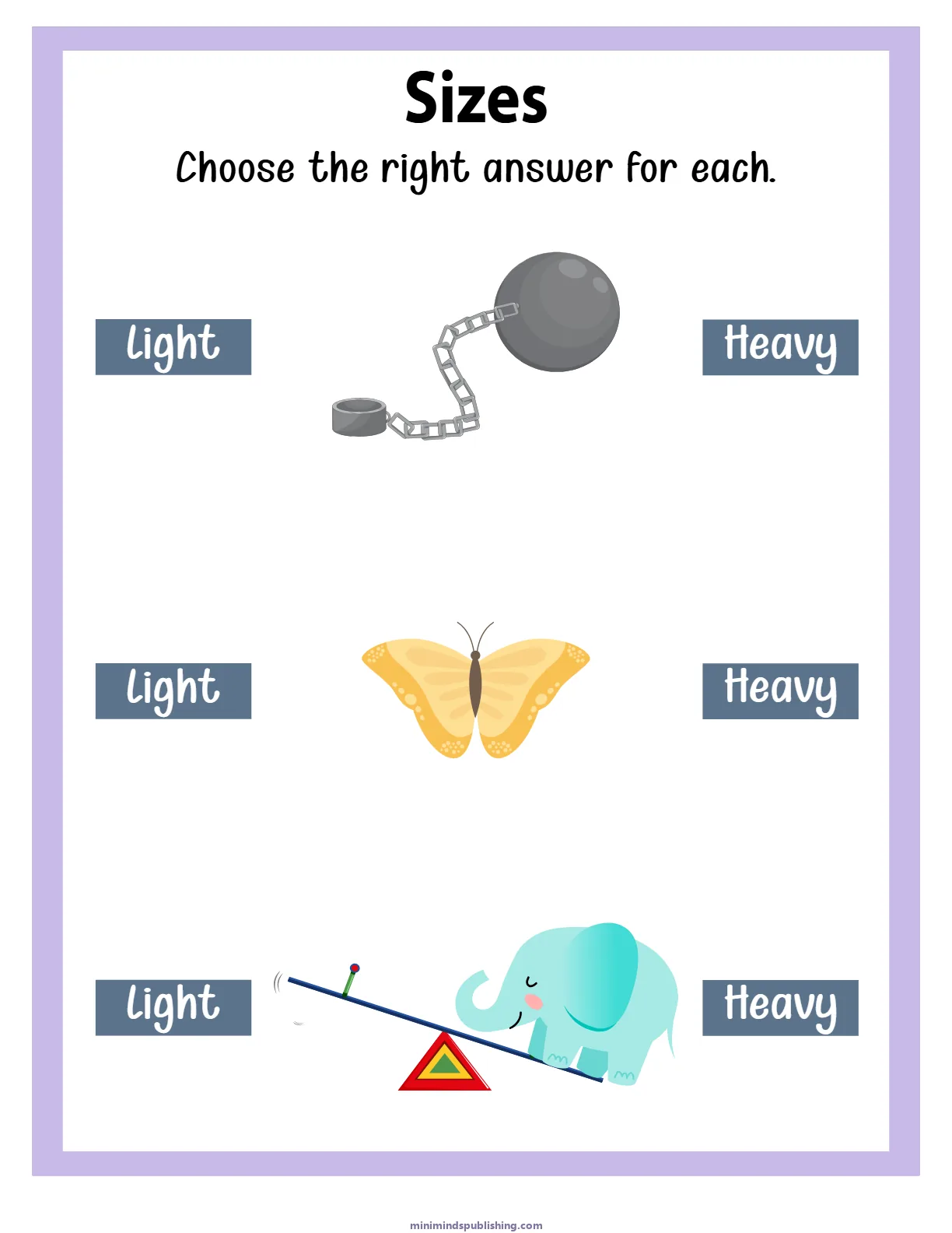 Sizes 15 — free printable sizes activity sheet for ages 3-6