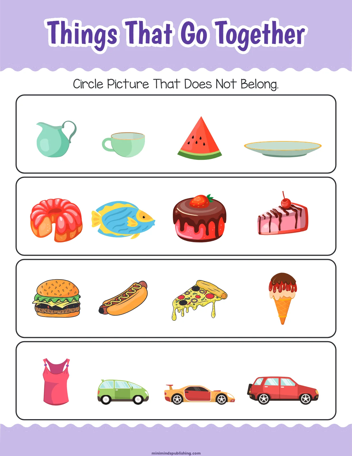 Things That Go Together 18 โ free printable things that go together activity sheet for ages 3-6