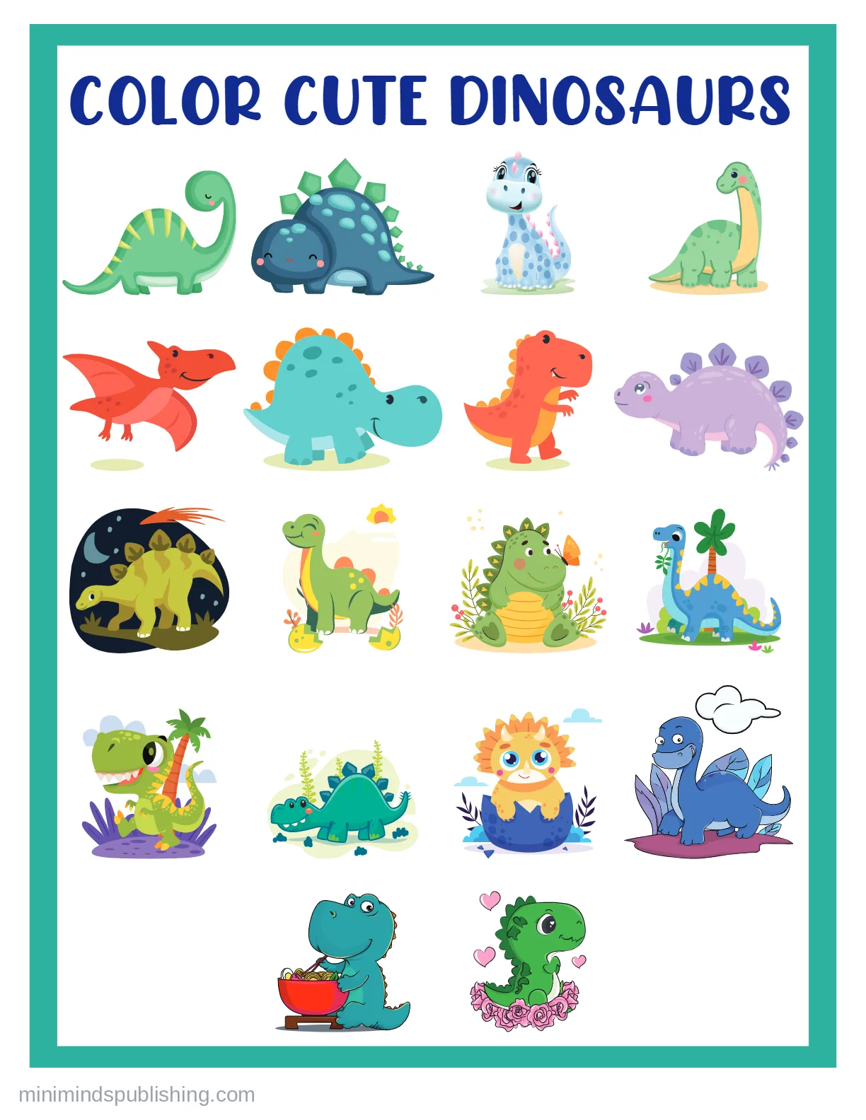 Cute Dinos 1 — free printable cute dinosaurs coloring page for kids
