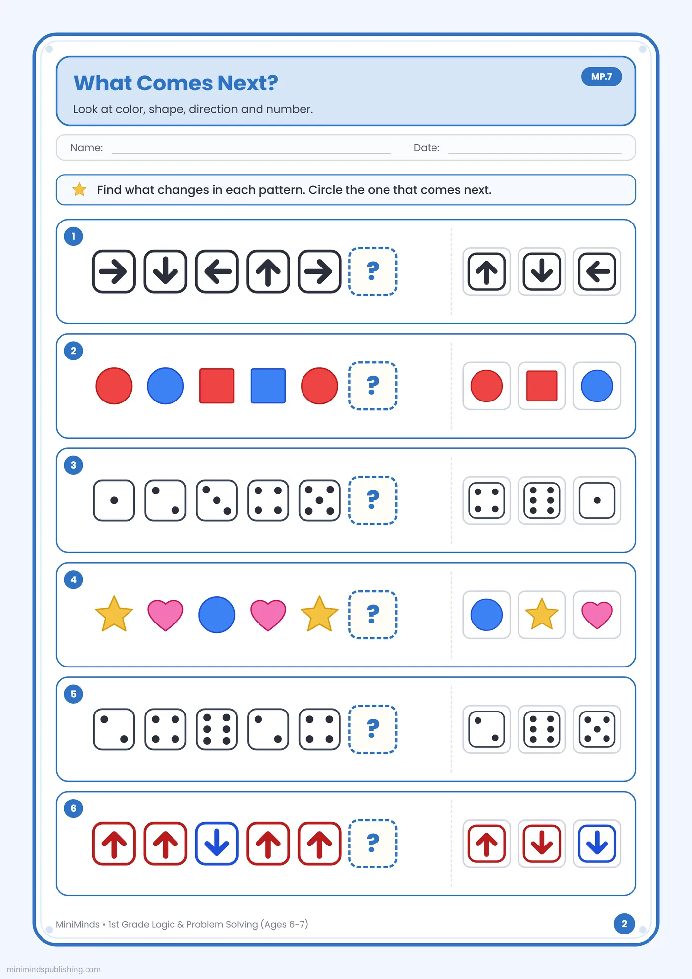 What Comes Next? — free printable 1st Grade logic & problem solving worksheet for ages 6-7