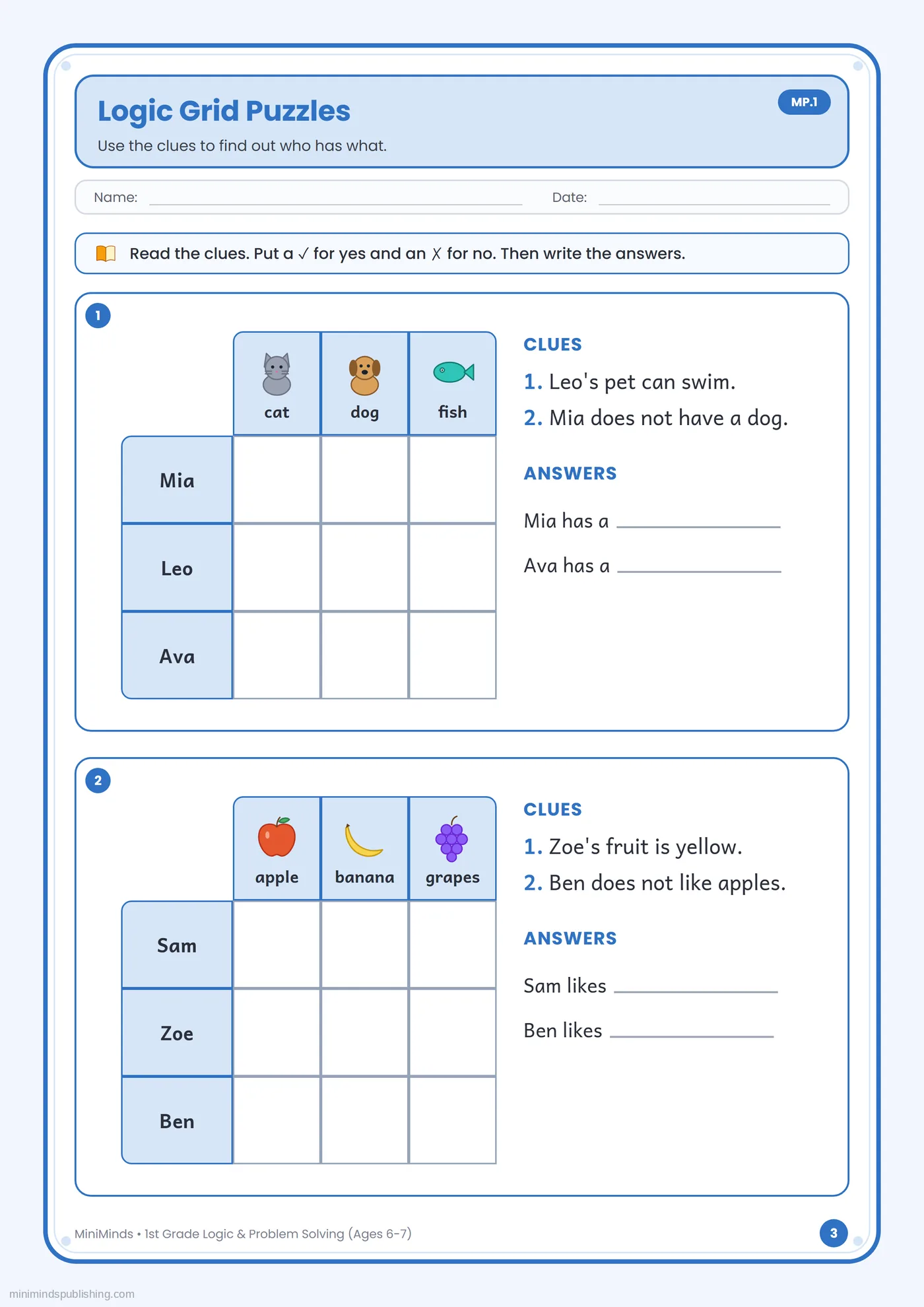 Logic Grid Puzzles — free printable 1st Grade logic & problem solving worksheet for ages 6-7