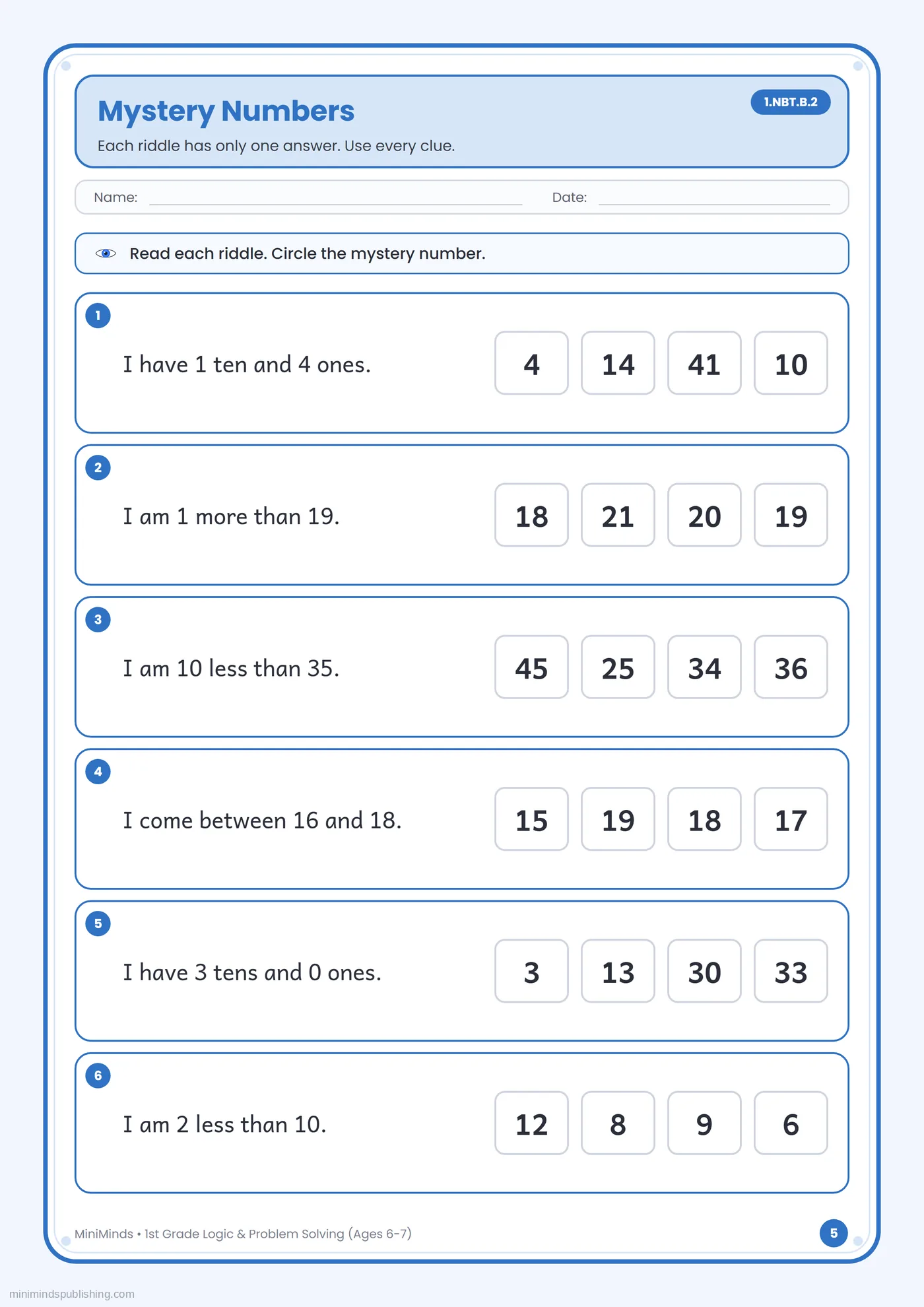 Mystery Numbers — free printable 1st Grade logic & problem solving worksheet for ages 6-7
