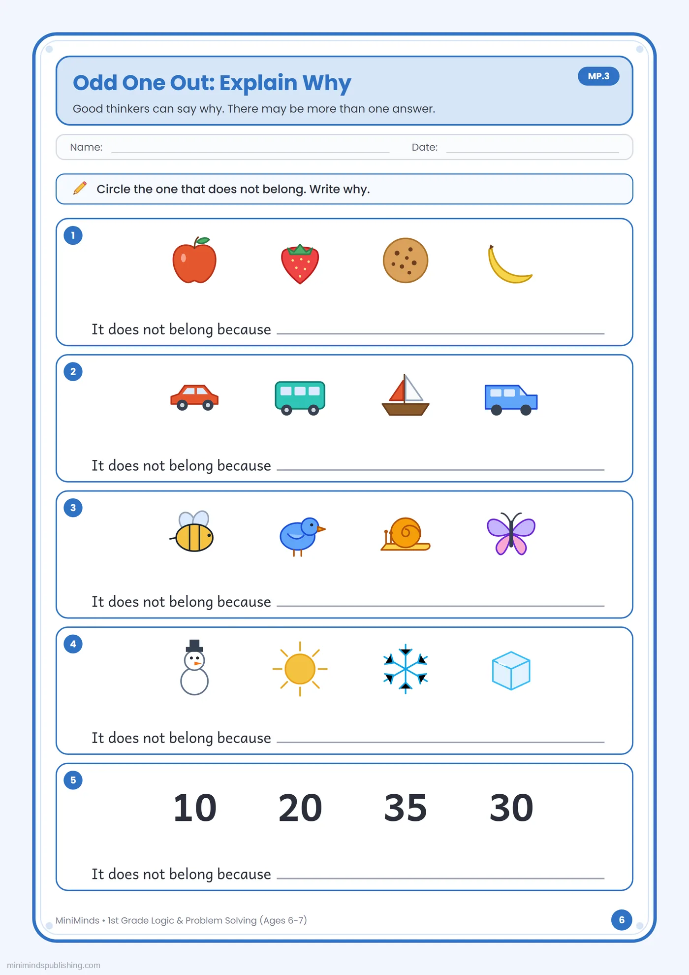 Odd One Out: Explain Why — free printable 1st Grade logic & problem solving worksheet for ages 6-7