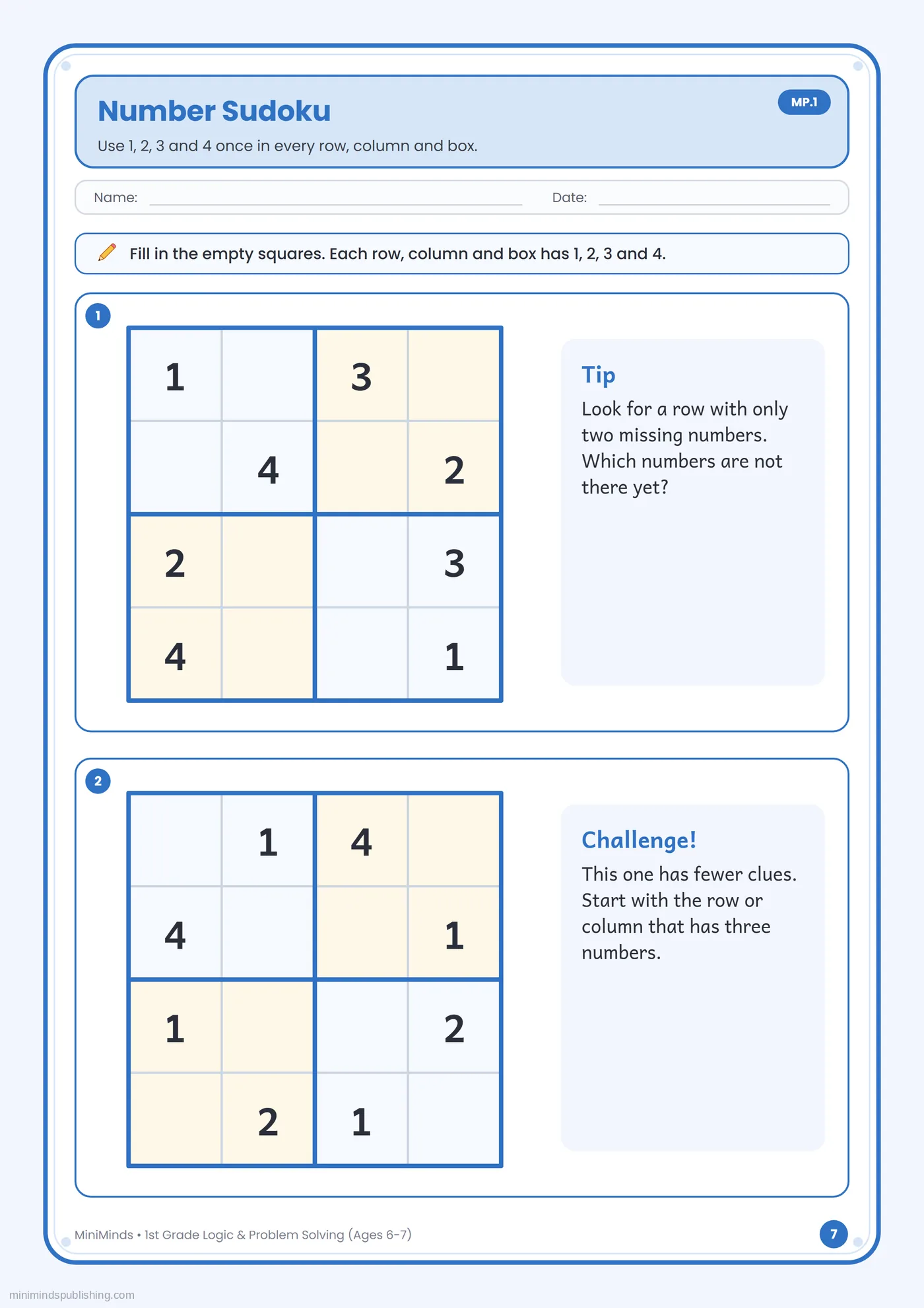 Number Sudoku — free printable 1st Grade logic & problem solving worksheet for ages 6-7