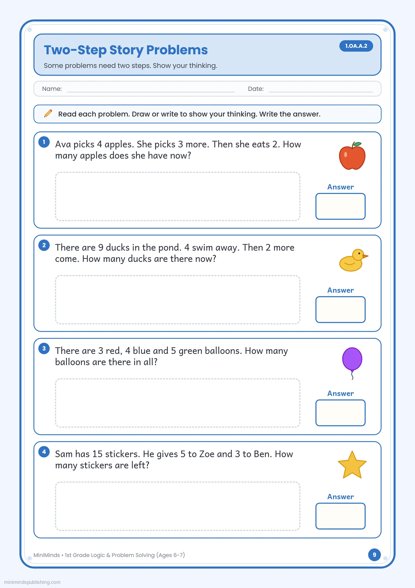 Two-Step Story Problems — free printable 1st Grade logic & problem solving worksheet for ages 6-7