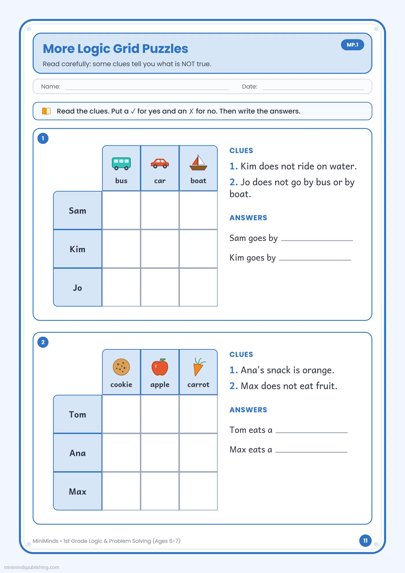 More Logic Grid Puzzles — free printable 1st Grade logic & problem solving worksheet for ages 6-7