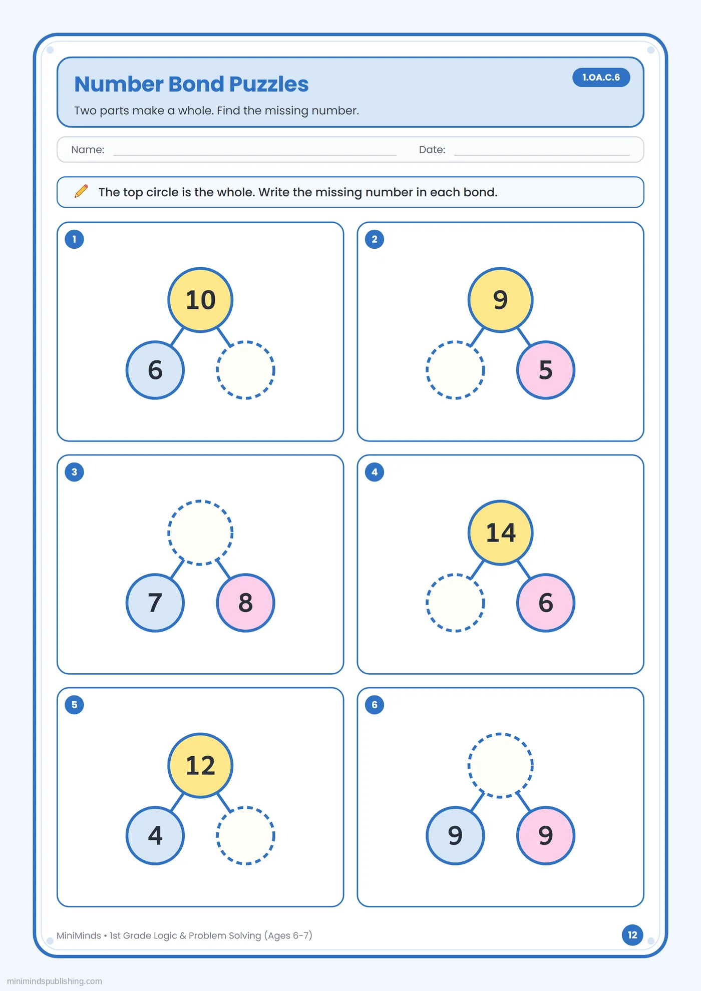 Number Bond Puzzles — free printable 1st Grade logic & problem solving worksheet for ages 6-7