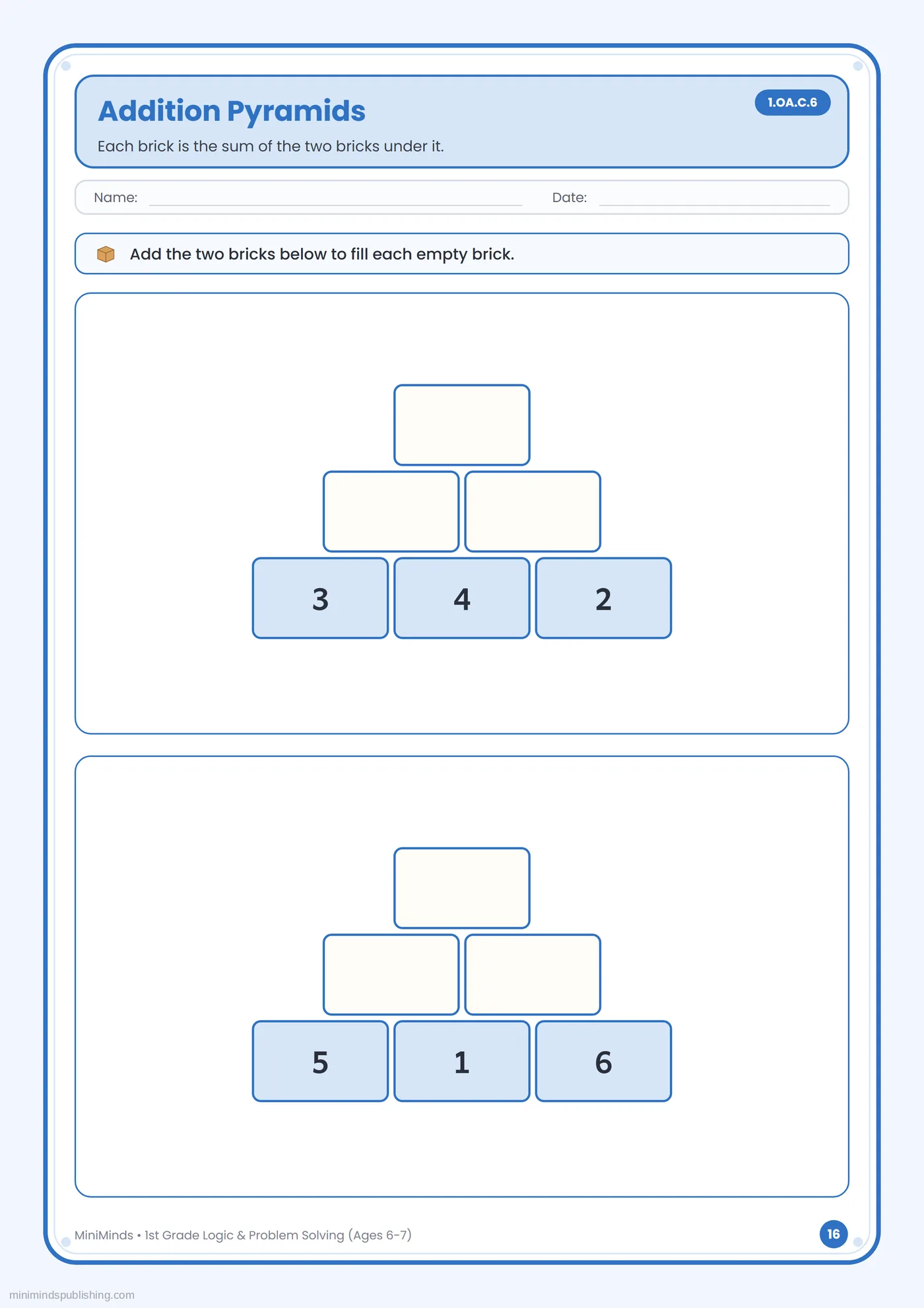 Addition Pyramids — free printable 1st Grade logic & problem solving worksheet for ages 6-7
