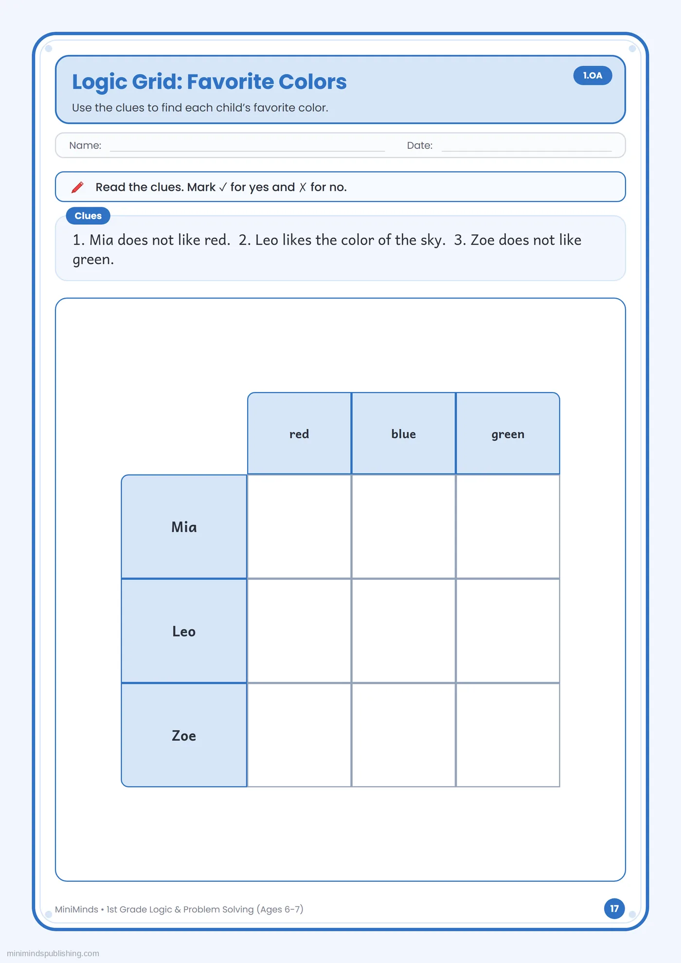 Logic Grid: Favorite Colors — free printable 1st Grade logic & problem solving worksheet for ages 6-7
