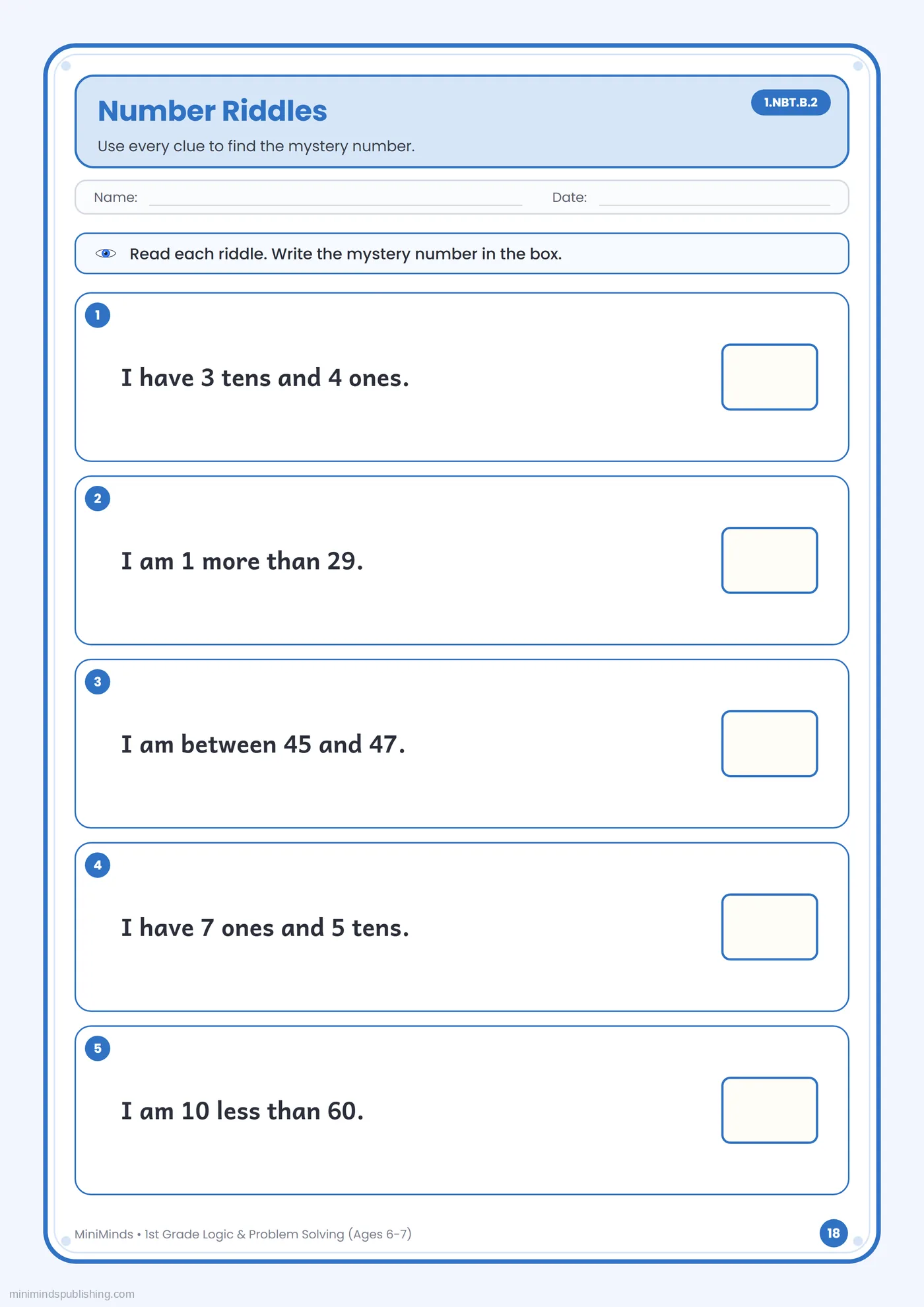 Number Riddles — free printable 1st Grade logic & problem solving worksheet for ages 6-7