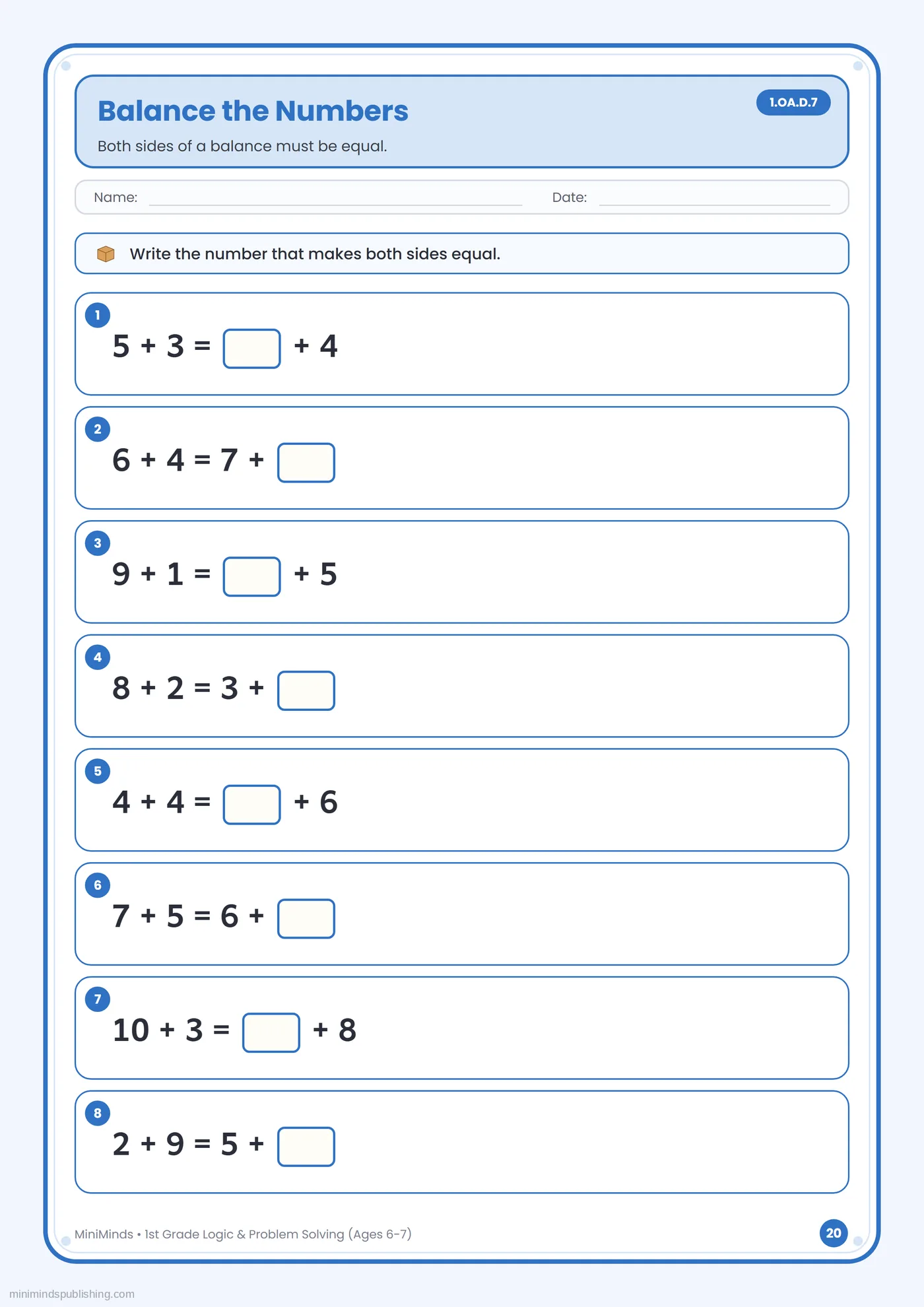 Balance the Numbers — free printable 1st Grade logic & problem solving worksheet for ages 6-7