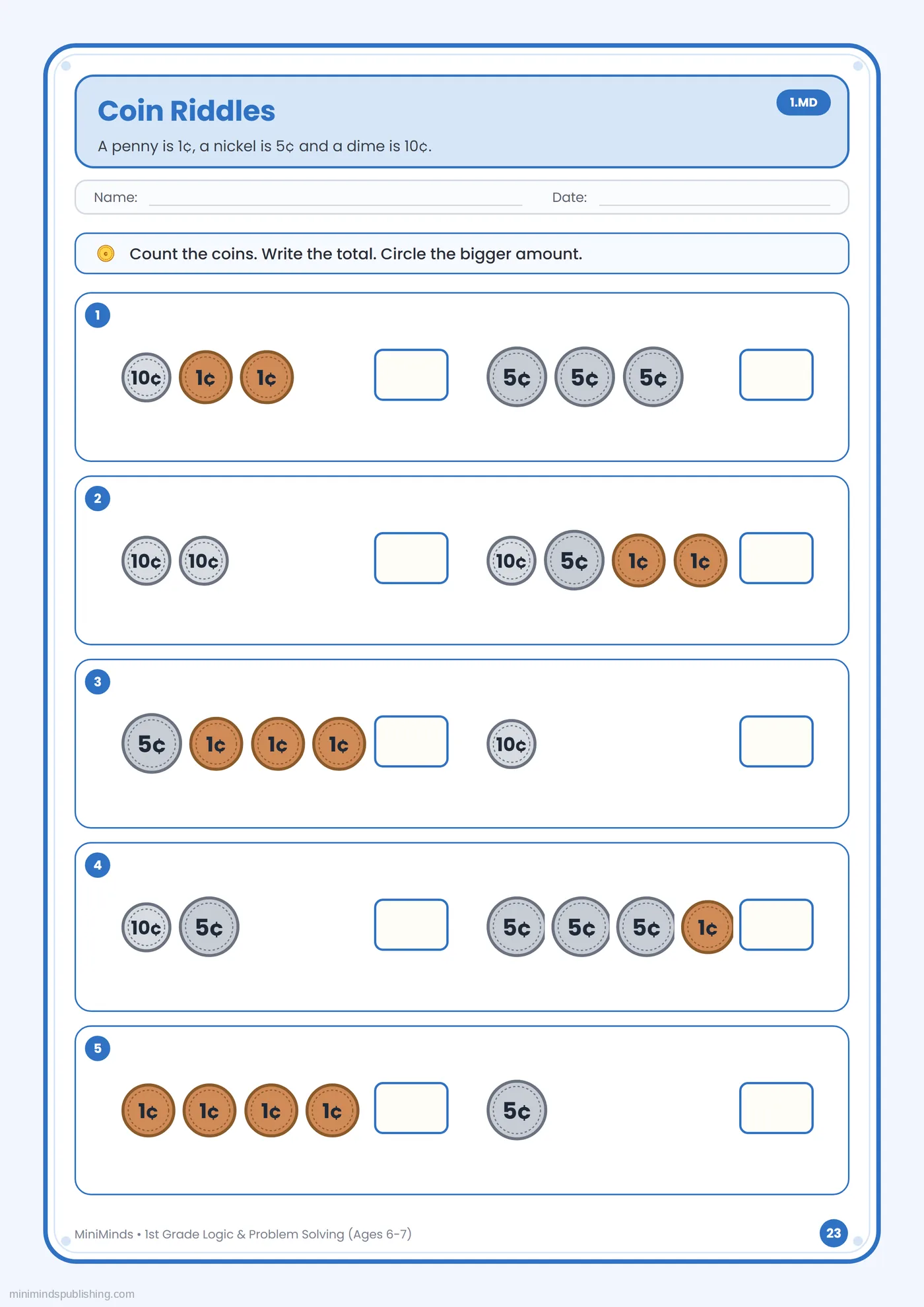 Coin Riddles — free printable 1st Grade logic & problem solving worksheet for ages 6-7