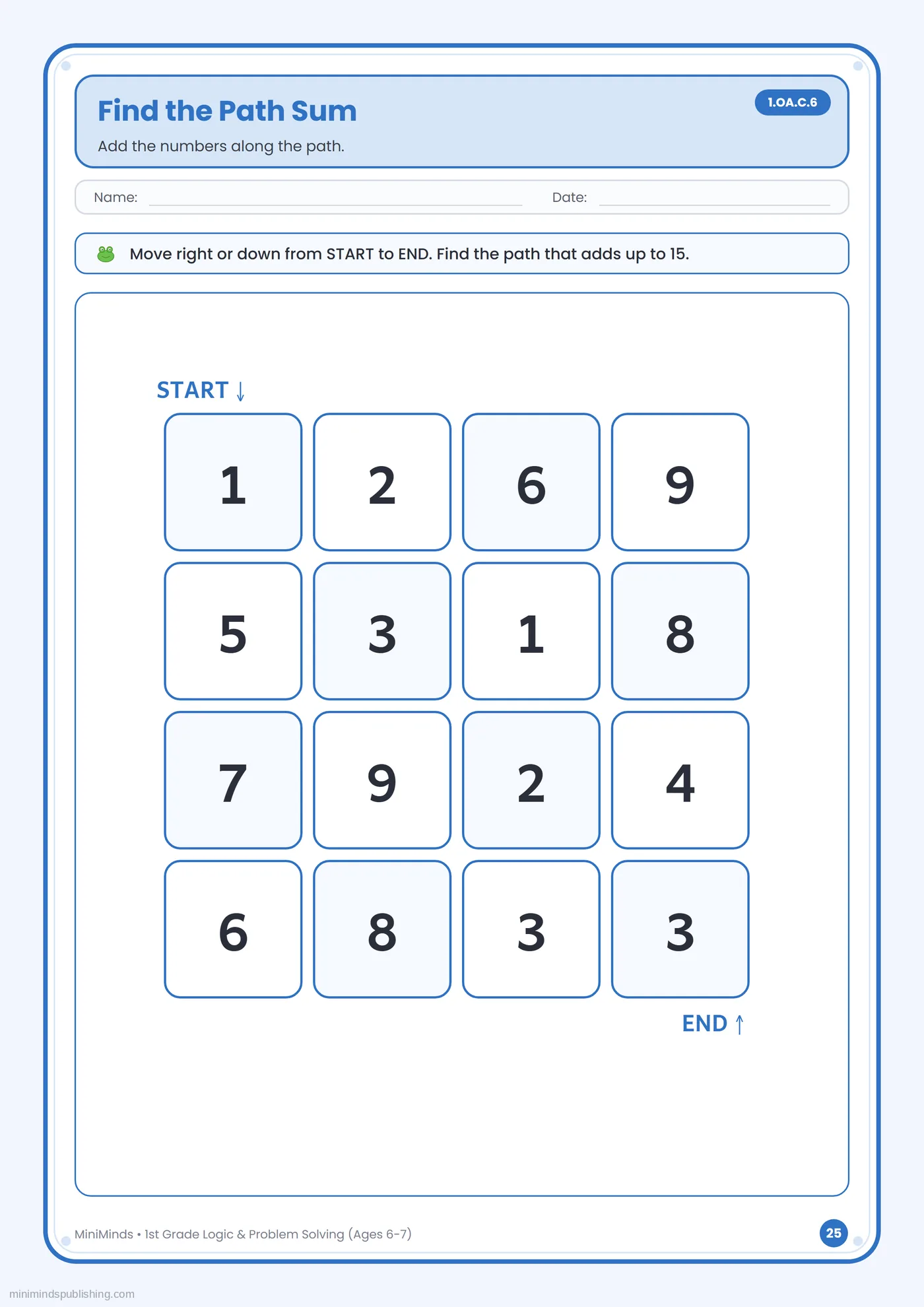 Find the Path Sum — free printable 1st Grade logic & problem solving worksheet for ages 6-7