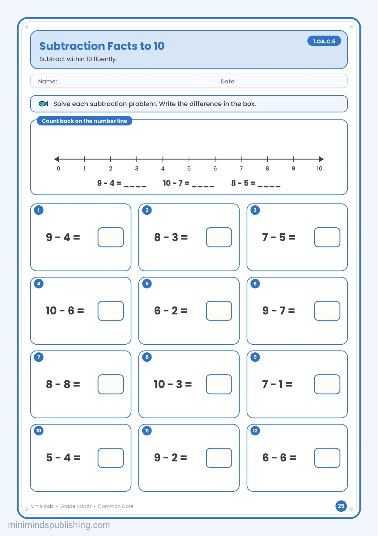 Subtraction Facts to 10 — free printable 1st Grade math worksheet for ages 6-7