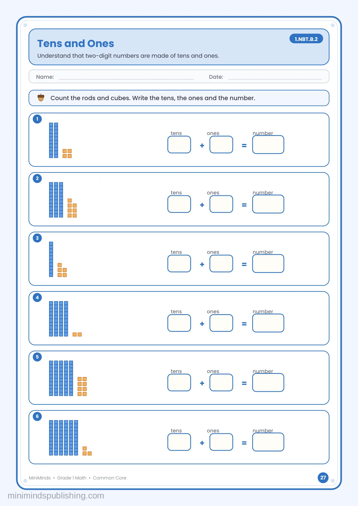 Tens and Ones — free printable 1st Grade math worksheet for ages 6-7