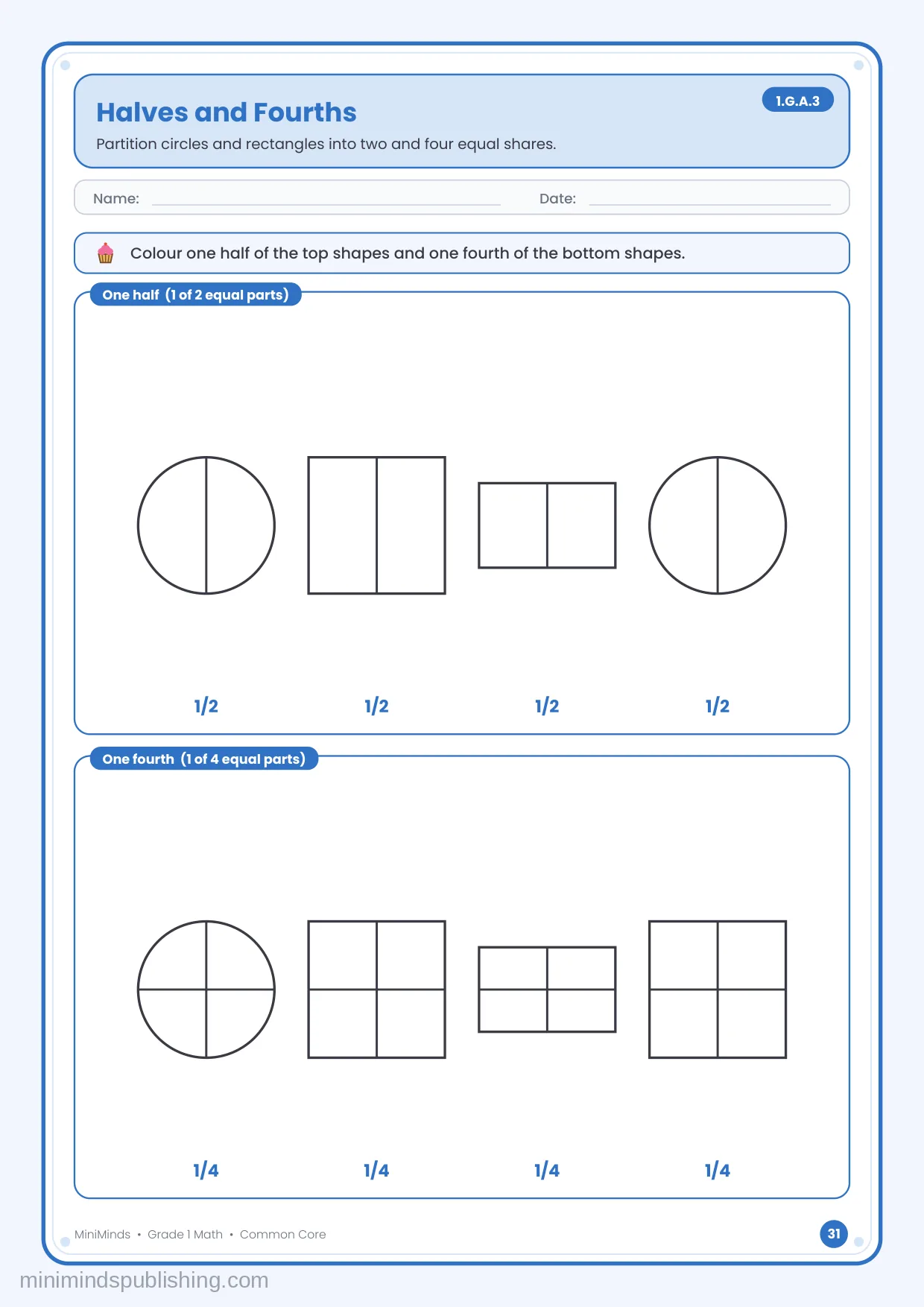 Halves and Fourths — free printable 1st Grade math worksheet for ages 6-7