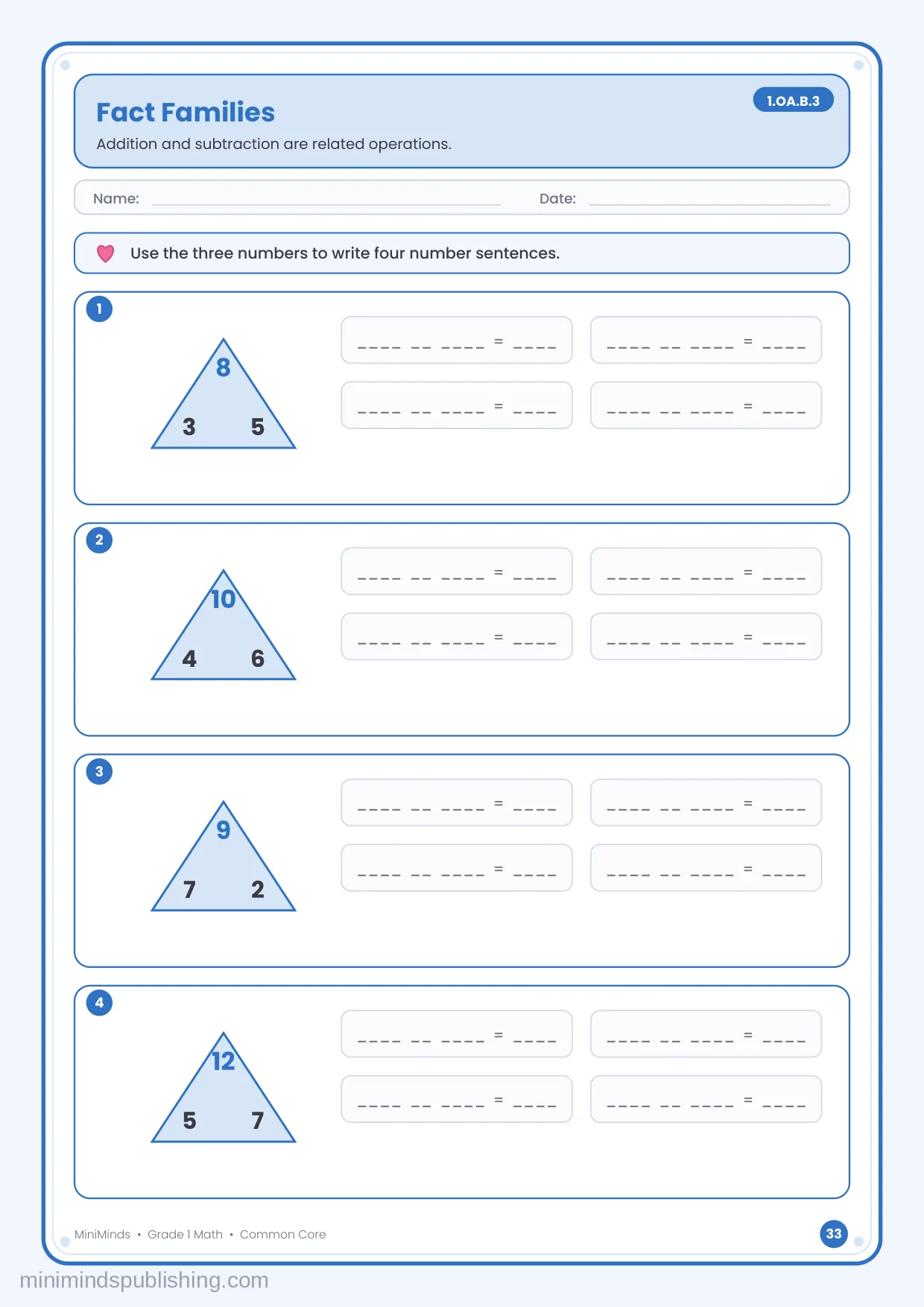 Fact Families — free printable 1st Grade math worksheet for ages 6-7