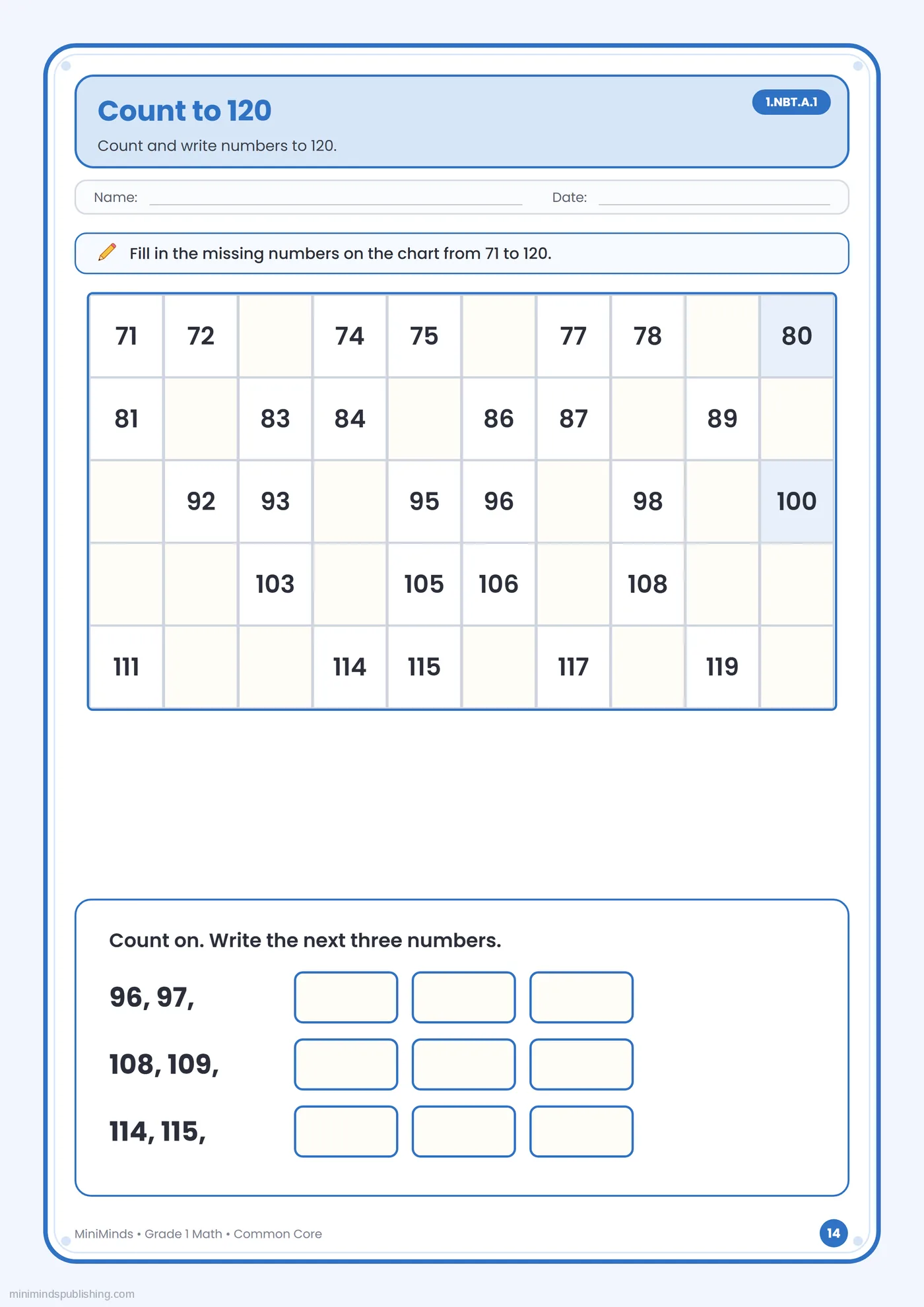 Count to 120 — free printable 1st Grade math worksheet for ages 6-7