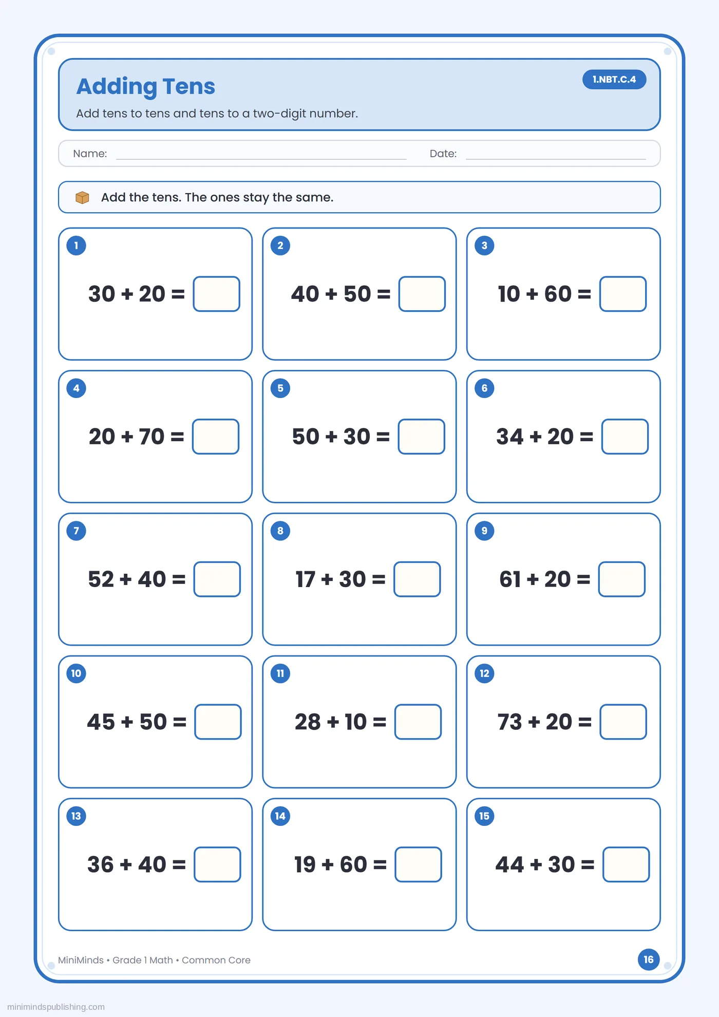 Adding Tens — free printable 1st Grade math worksheet for ages 6-7