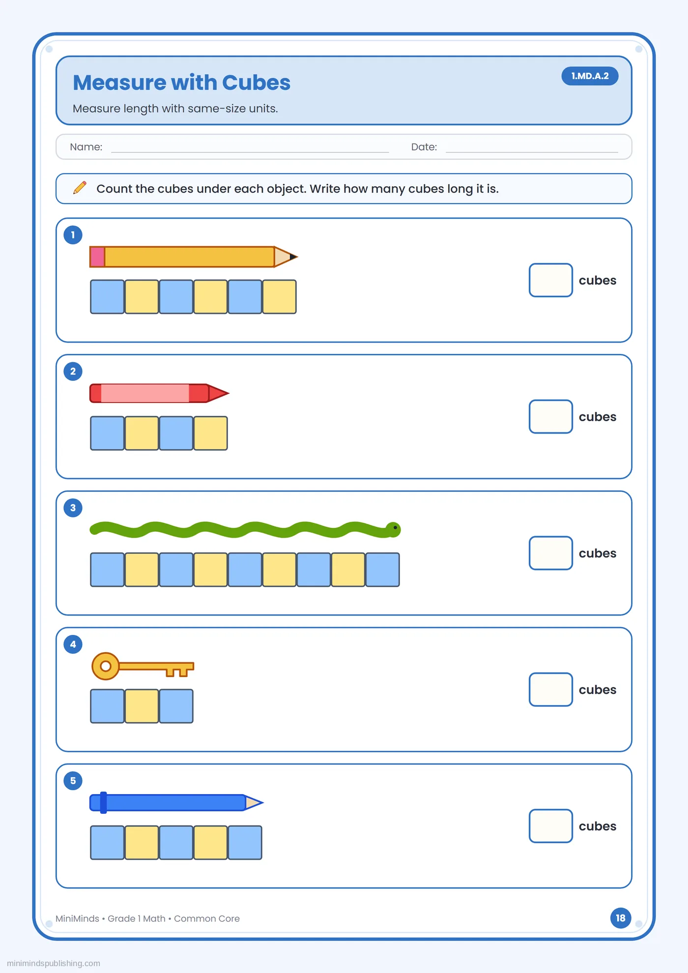 Measure with Cubes — free printable 1st Grade math worksheet for ages 6-7