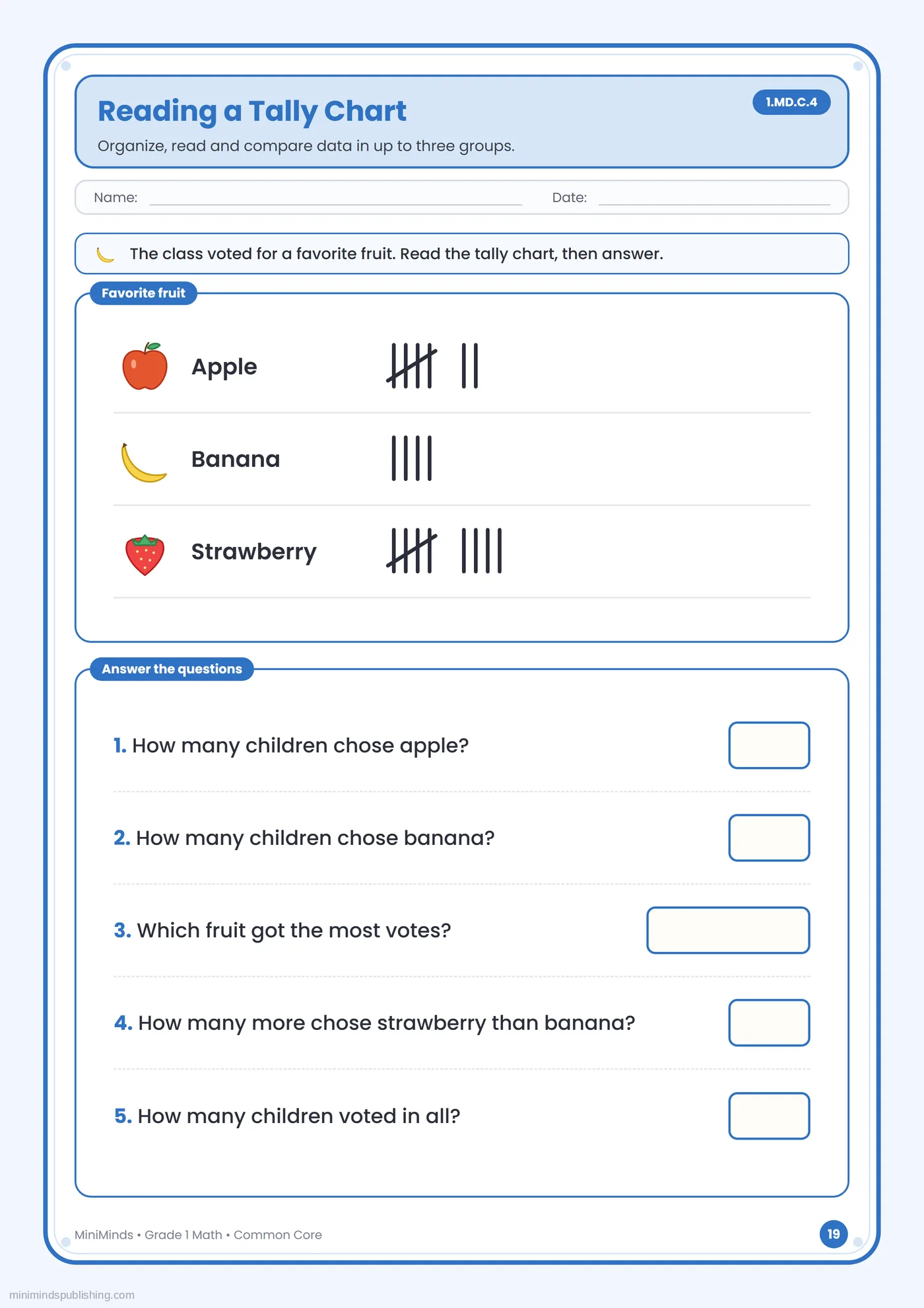 Reading a Tally Chart — free printable 1st Grade math worksheet for ages 6-7