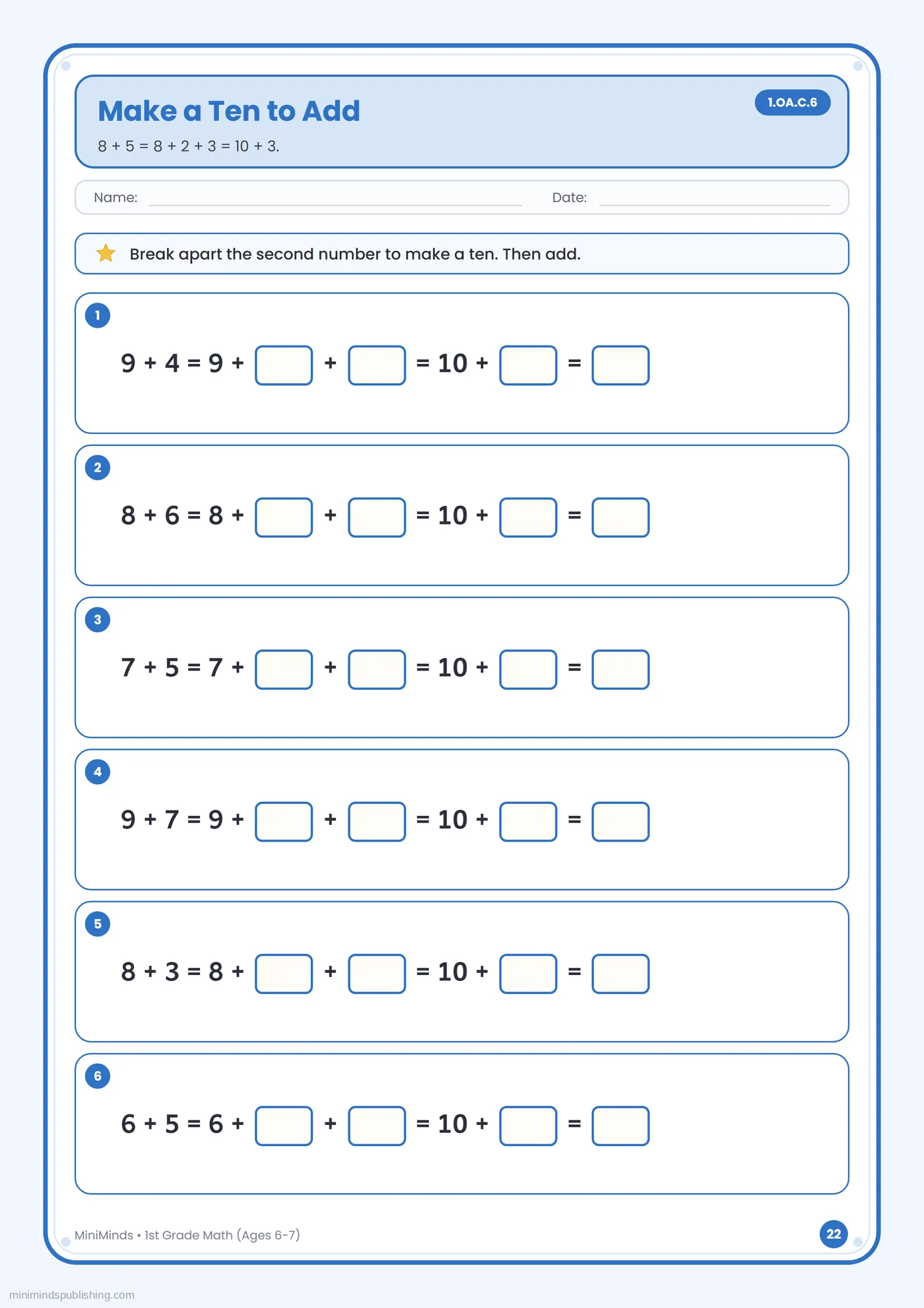Make a Ten to Add — free printable 1st Grade math worksheet for ages 6-7