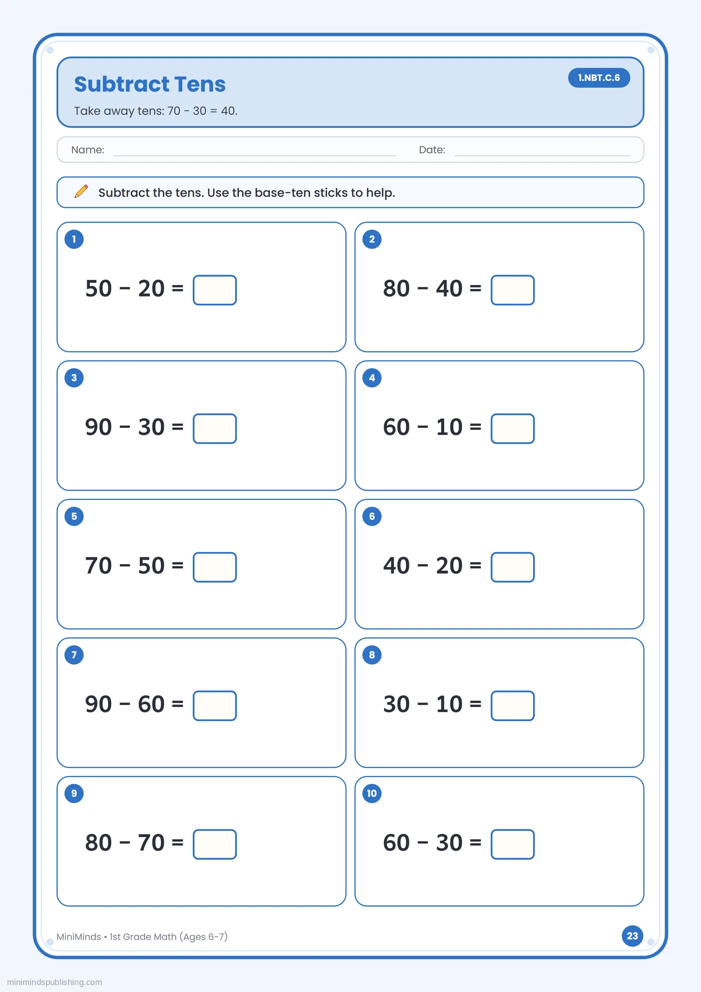 Subtract Tens — free printable 1st Grade math worksheet for ages 6-7