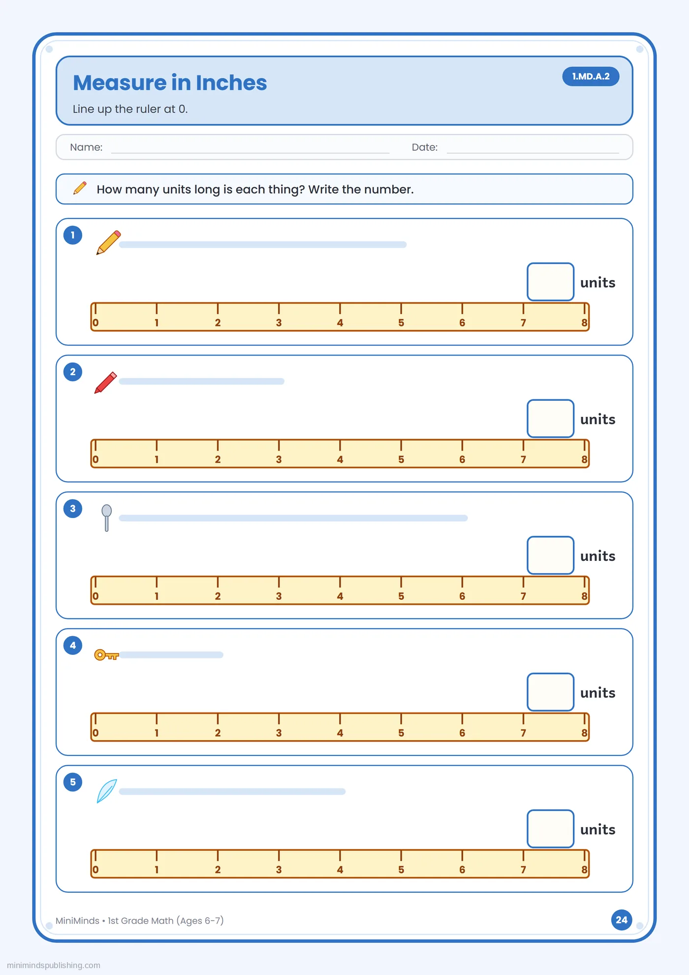 Measure in Inches — free printable 1st Grade math worksheet for ages 6-7