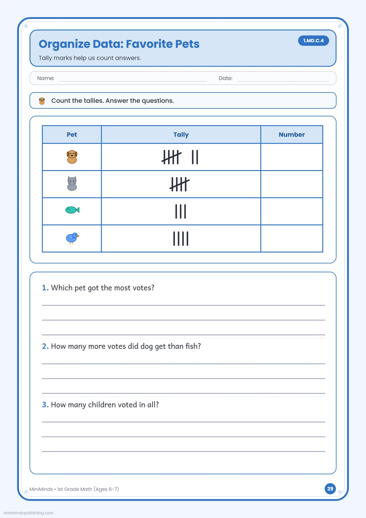 Organize Data: Favorite Pets — free printable 1st Grade math worksheet for ages 6-7