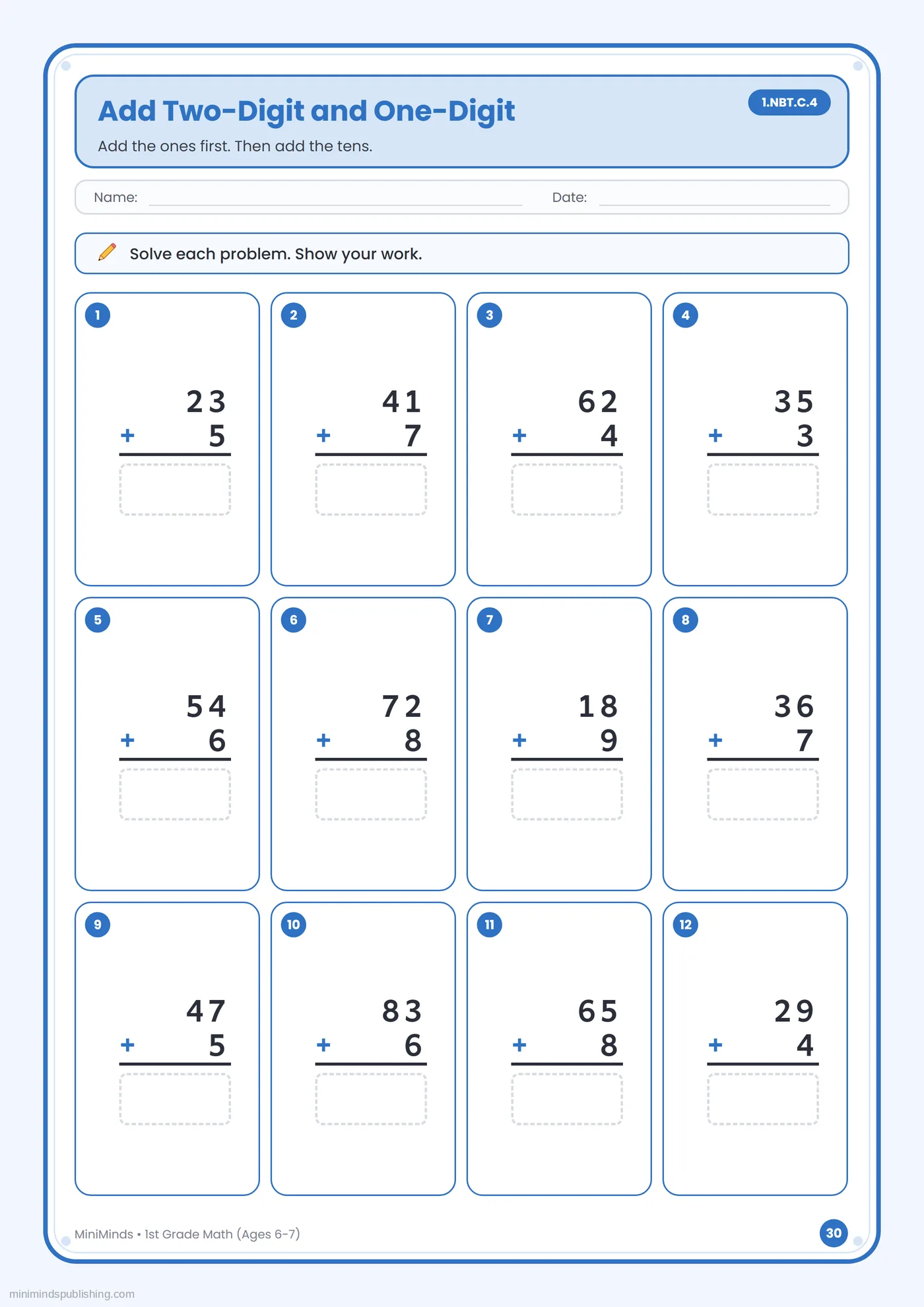 Add Two-Digit and One-Digit — free printable 1st Grade math worksheet for ages 6-7