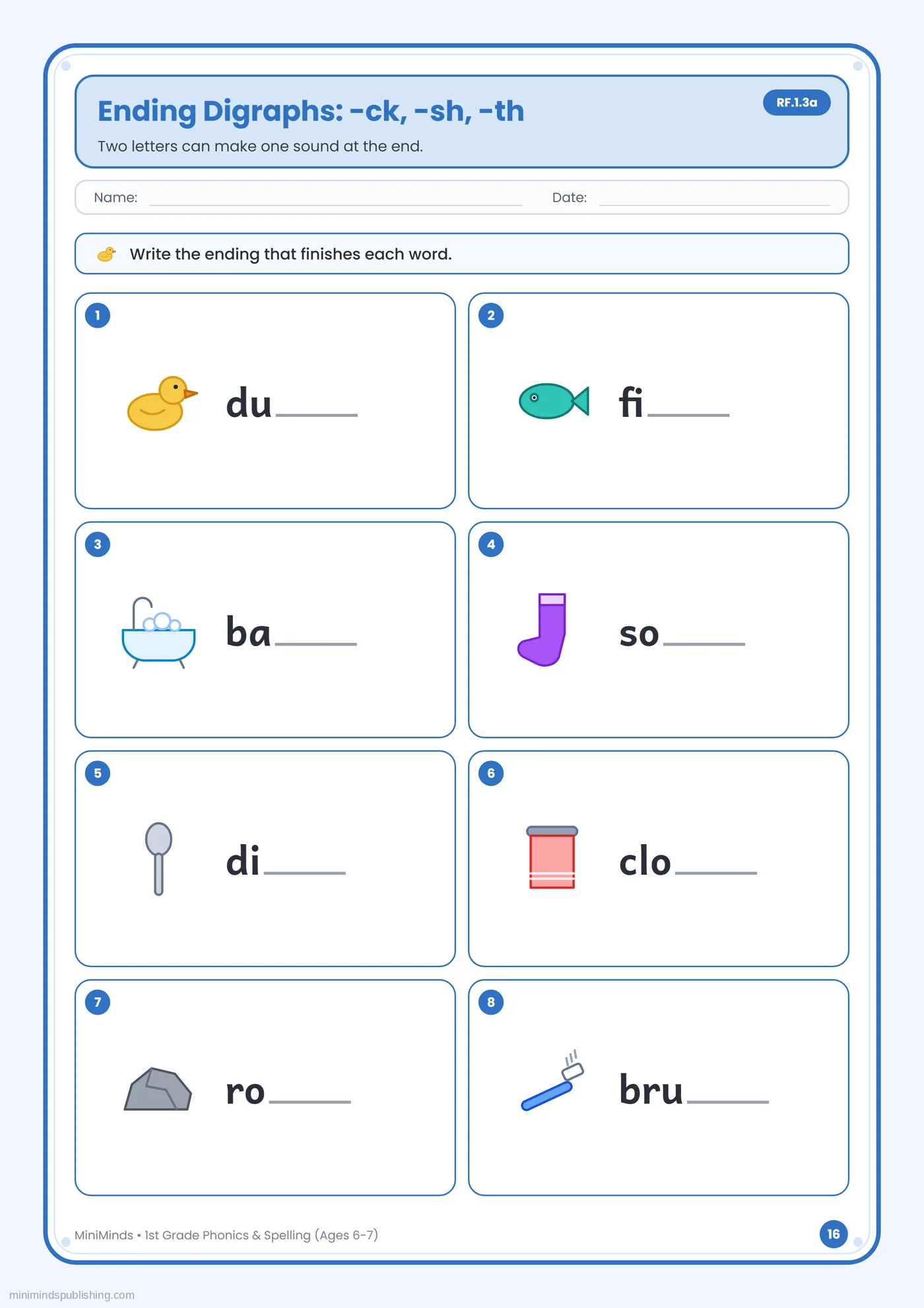 Ending Digraphs: -ck, -sh, -th — free printable 1st Grade phonics & spelling worksheet for ages 6-7