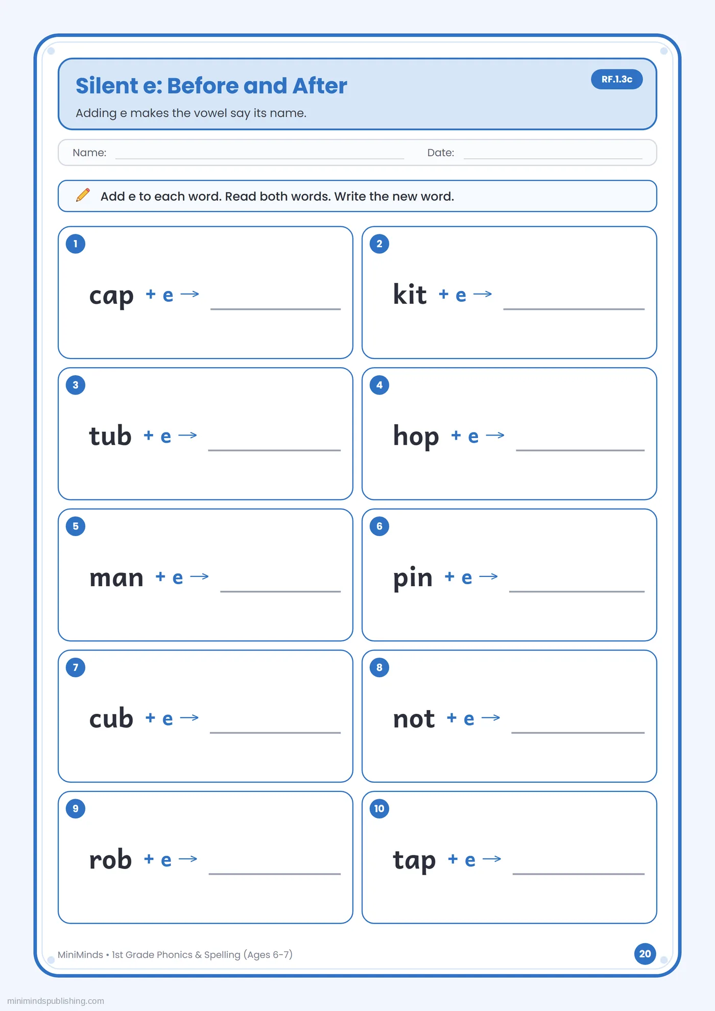 Silent e: Before and After — free printable 1st Grade phonics & spelling worksheet for ages 6-7
