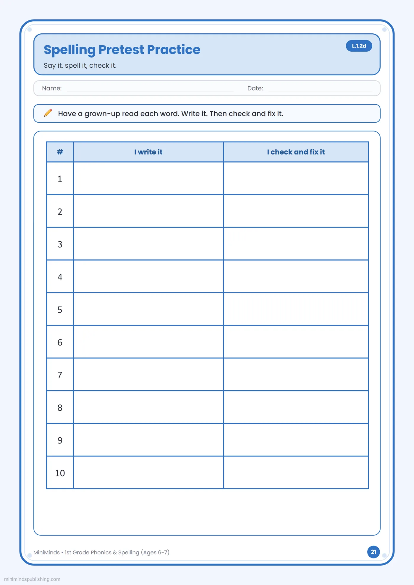 Spelling Pretest Practice — free printable 1st Grade phonics & spelling worksheet for ages 6-7