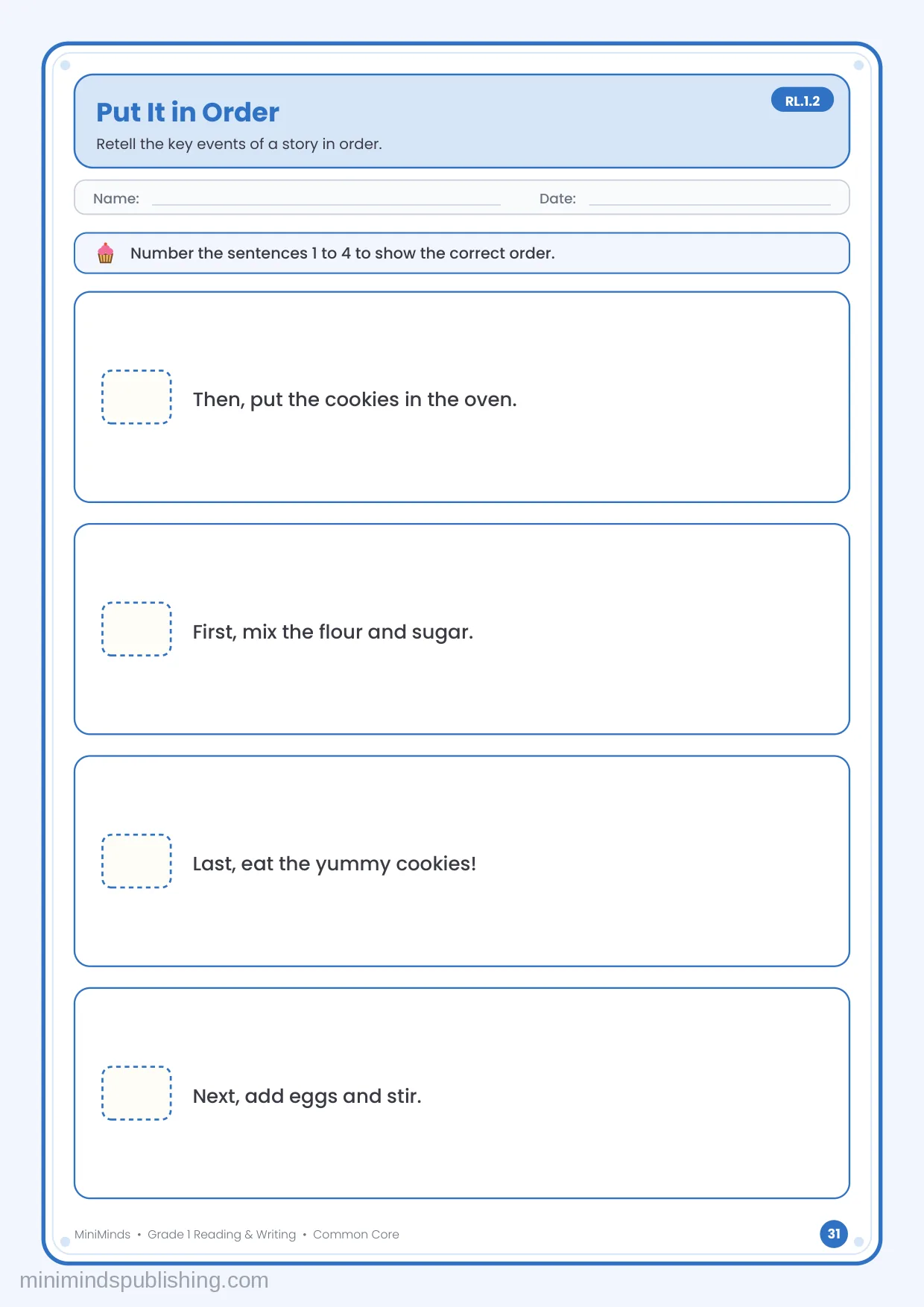 Put It in Order — free printable 1st Grade reading & writing worksheet for ages 6-7