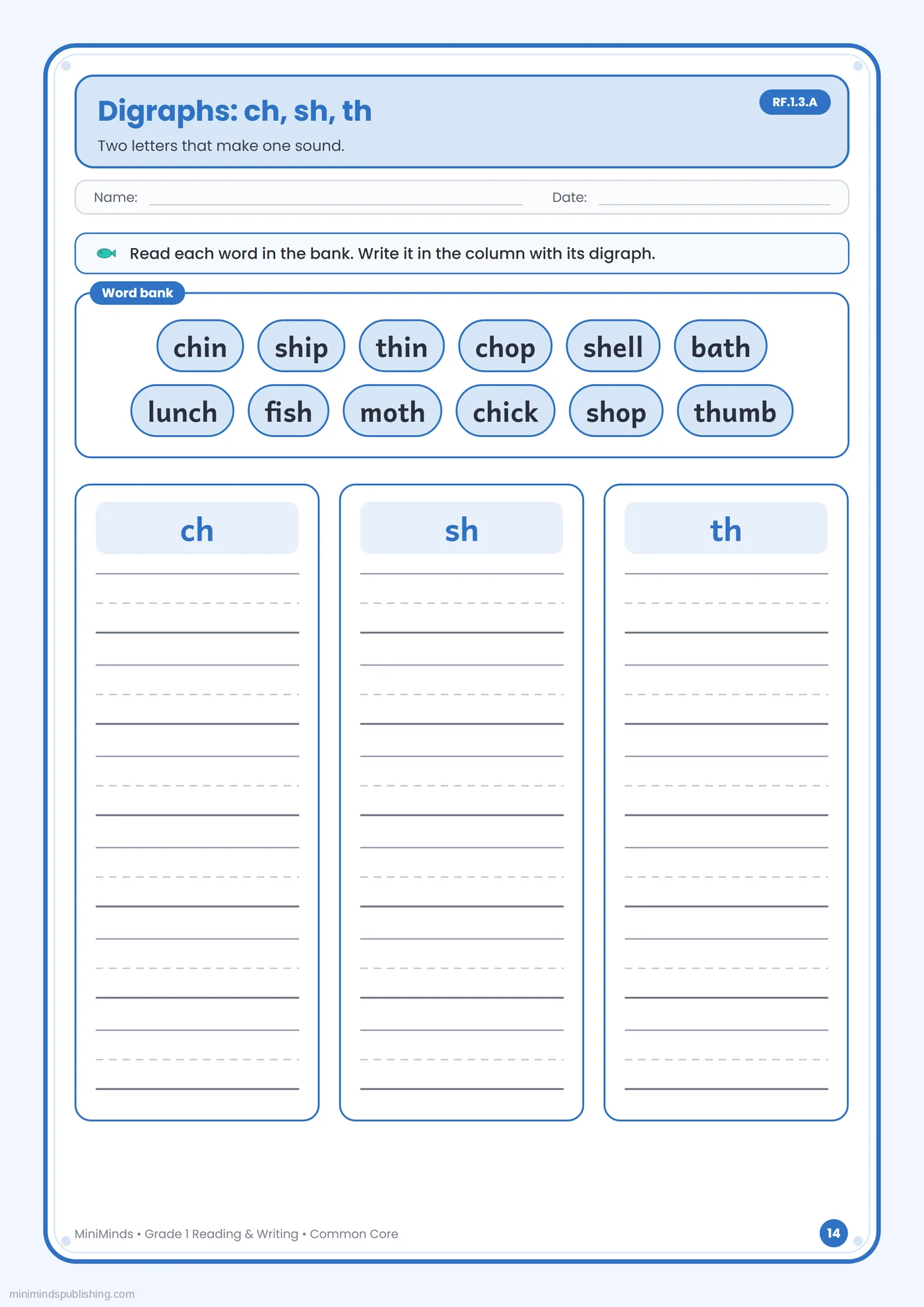 Digraphs: ch, sh, th — free printable 1st Grade reading & writing worksheet for ages 6-7