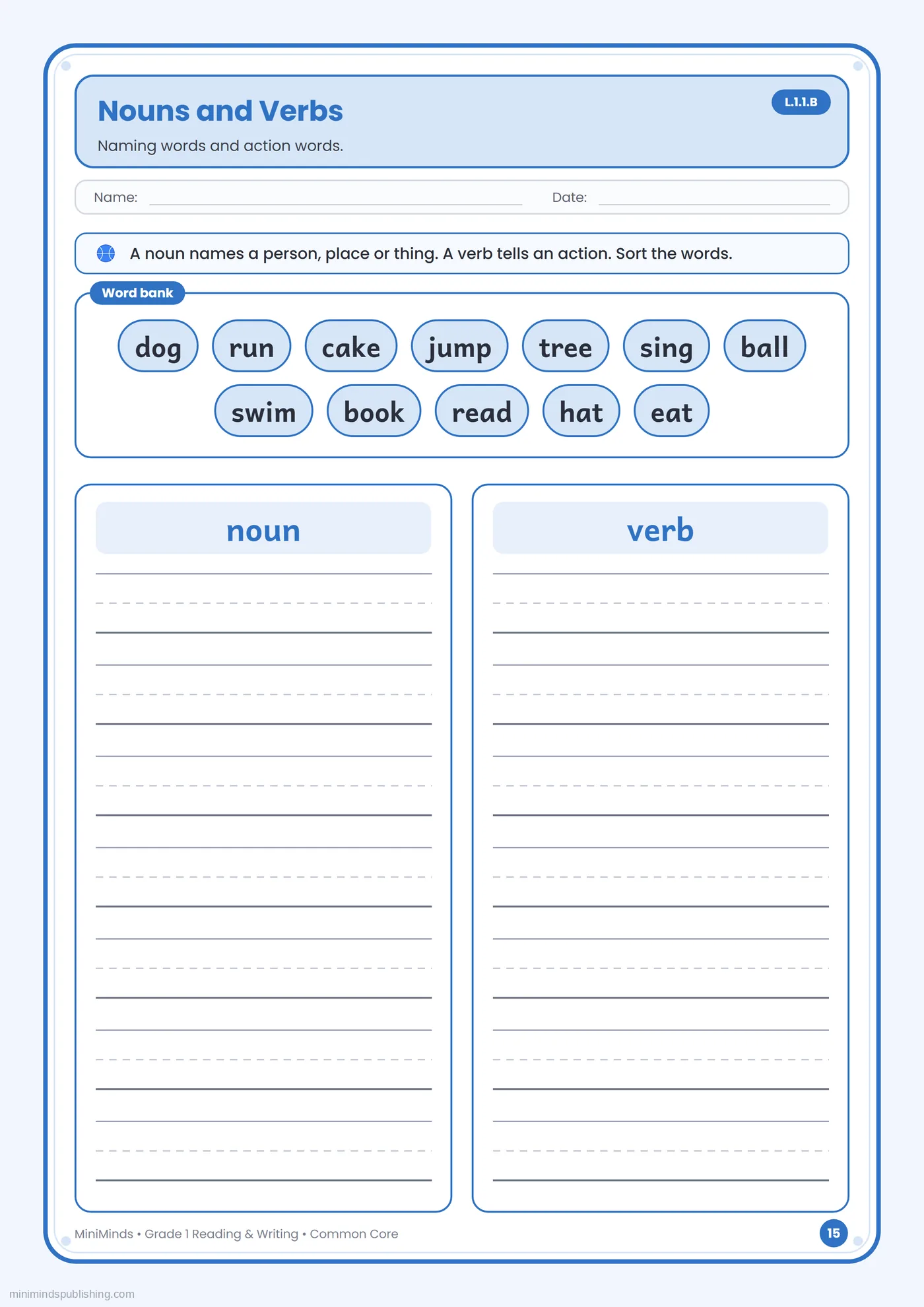 Nouns and Verbs — free printable 1st Grade reading & writing worksheet for ages 6-7