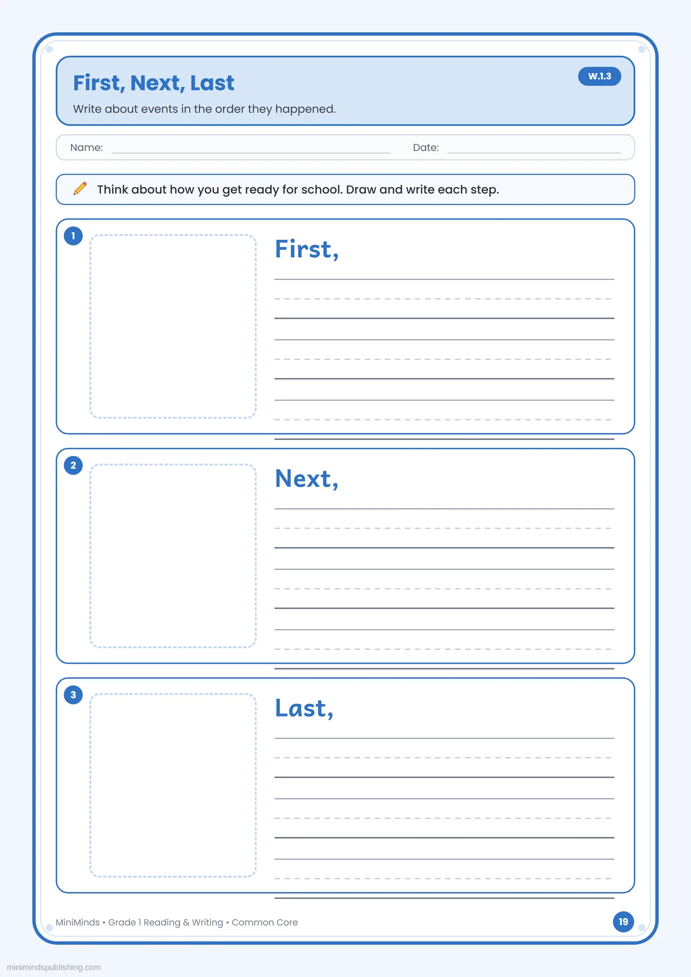 First, Next, Last — free printable 1st Grade reading & writing worksheet for ages 6-7