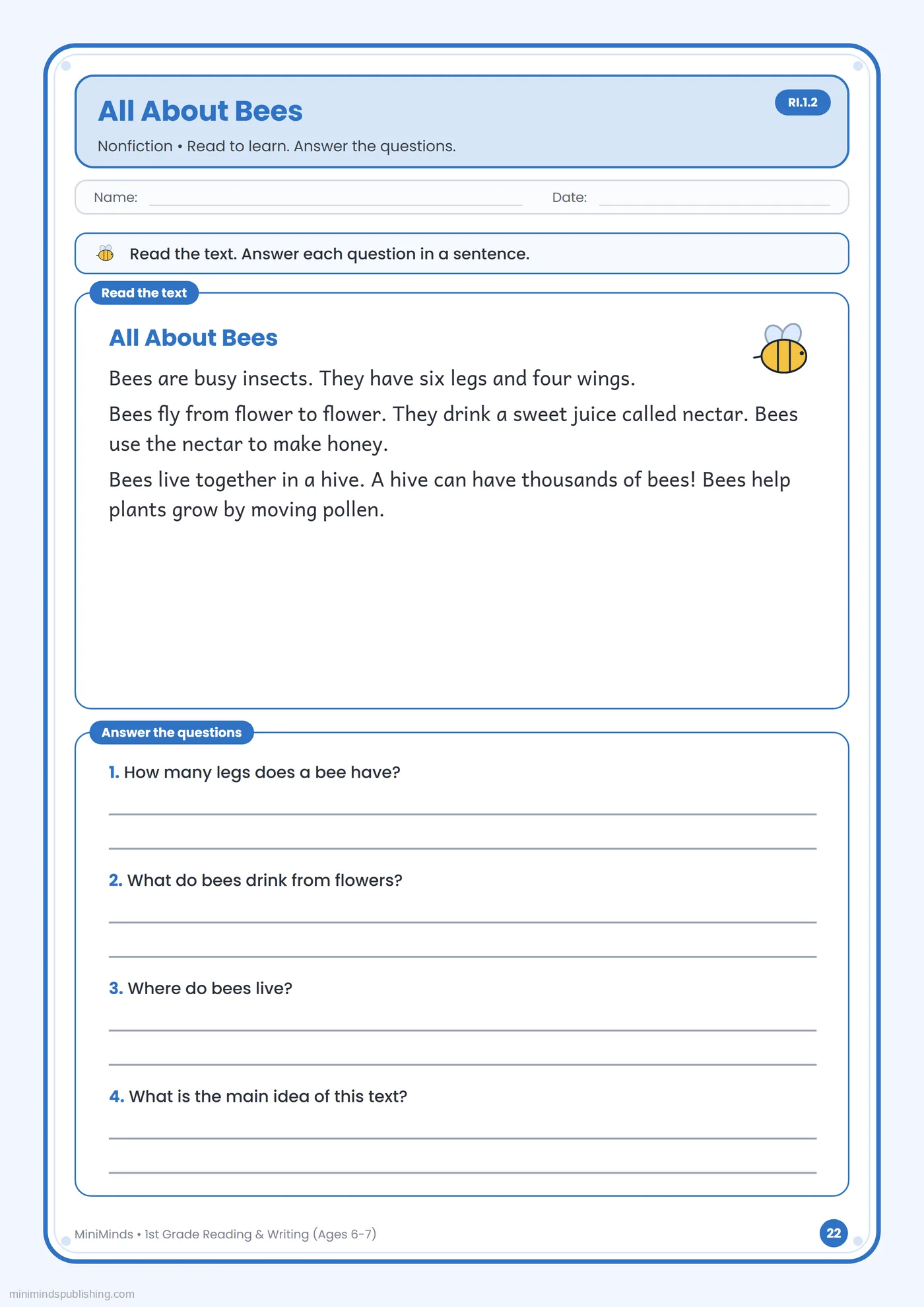All About Bees — free printable 1st Grade reading & writing worksheet for ages 6-7