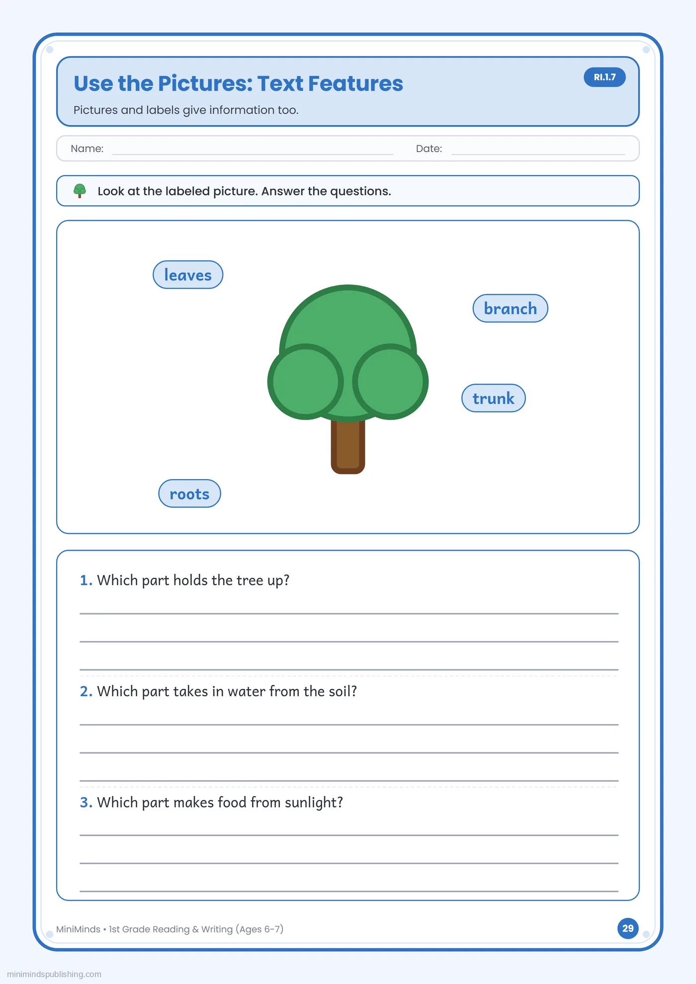 Use the Pictures: Text Features — free printable 1st Grade reading & writing worksheet for ages 6-7
