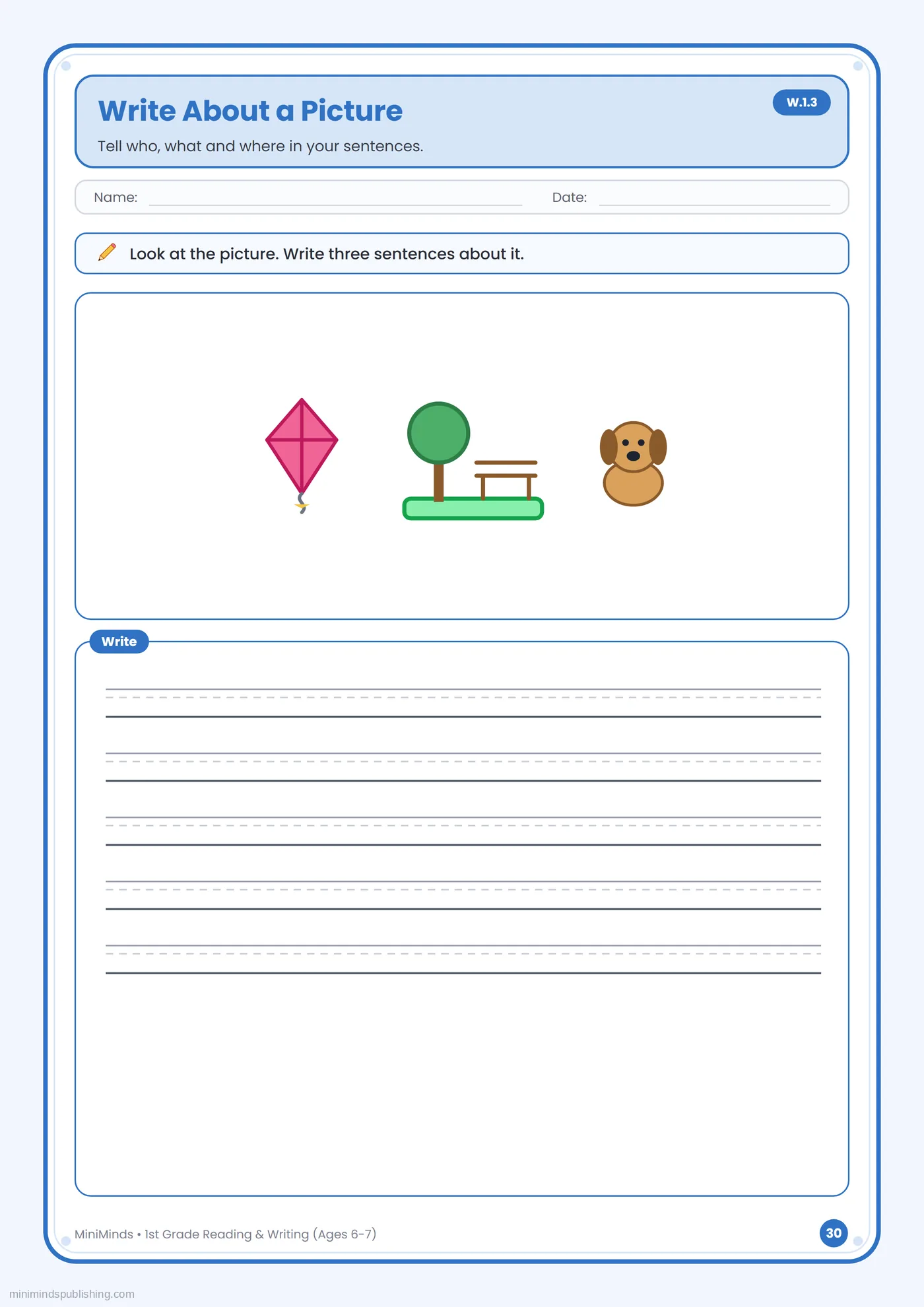 Write About a Picture — free printable 1st Grade reading & writing worksheet for ages 6-7