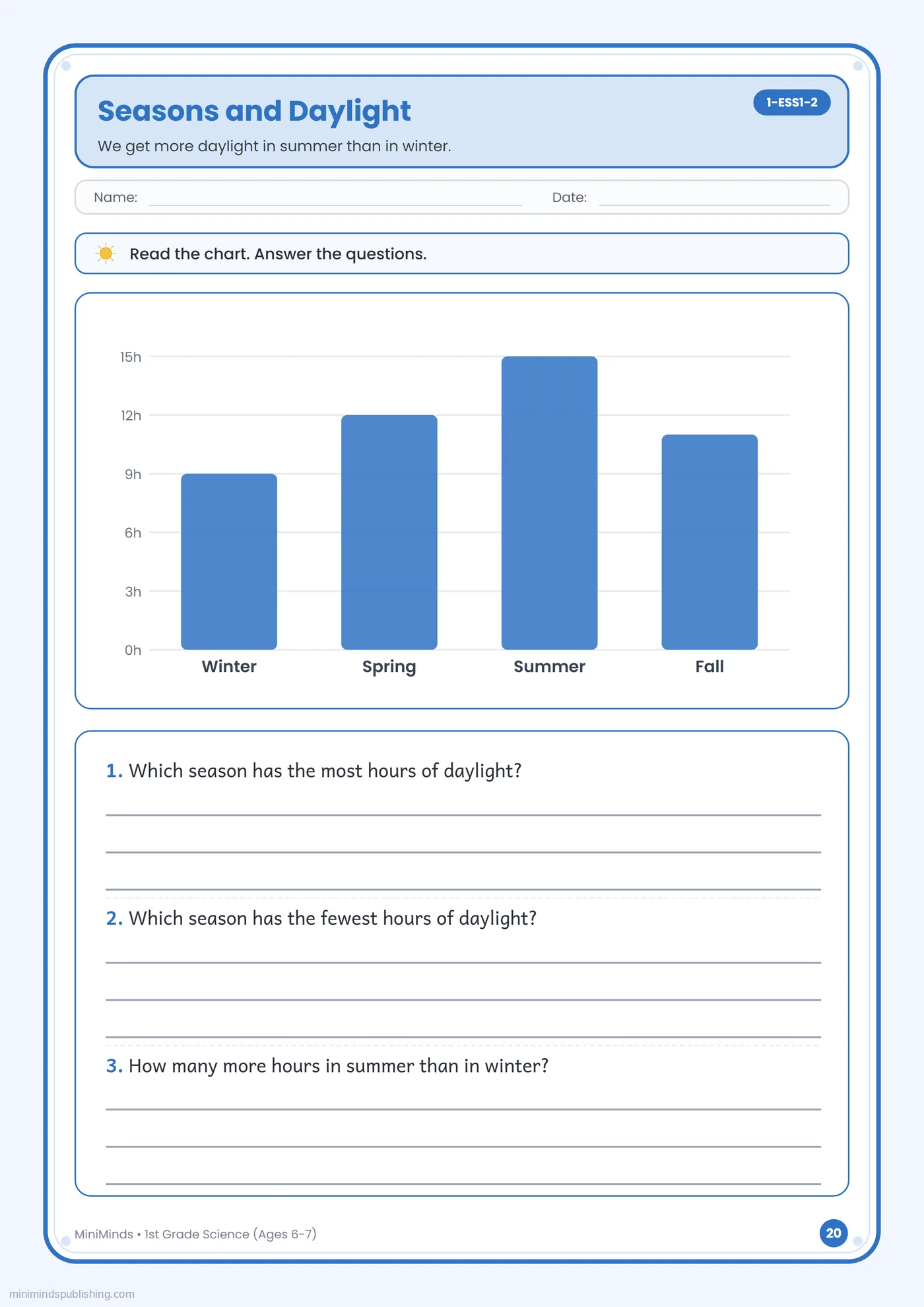 Seasons and Daylight — free printable 1st Grade science worksheet for ages 6-7
