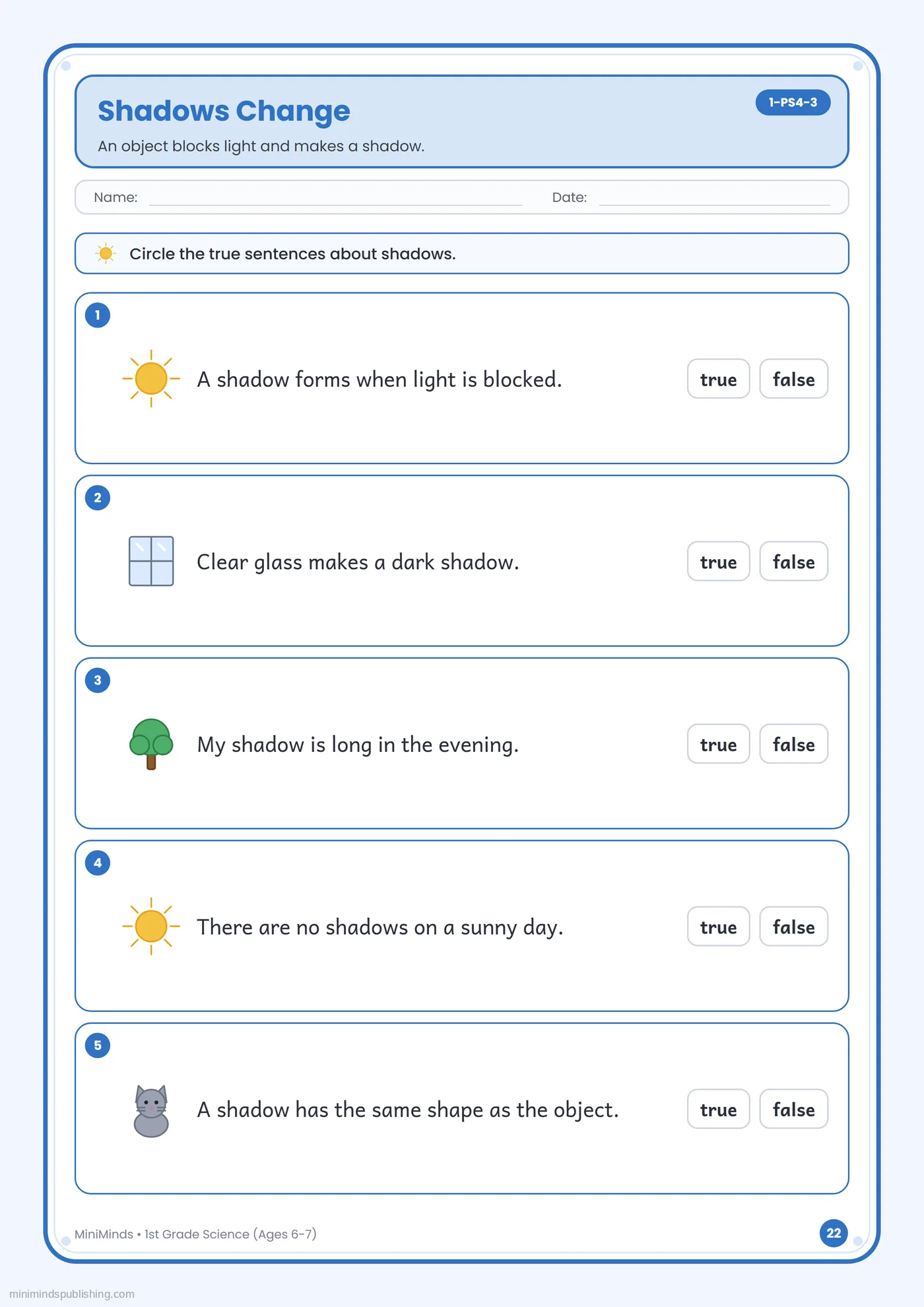 Shadows Change — free printable 1st Grade science worksheet for ages 6-7